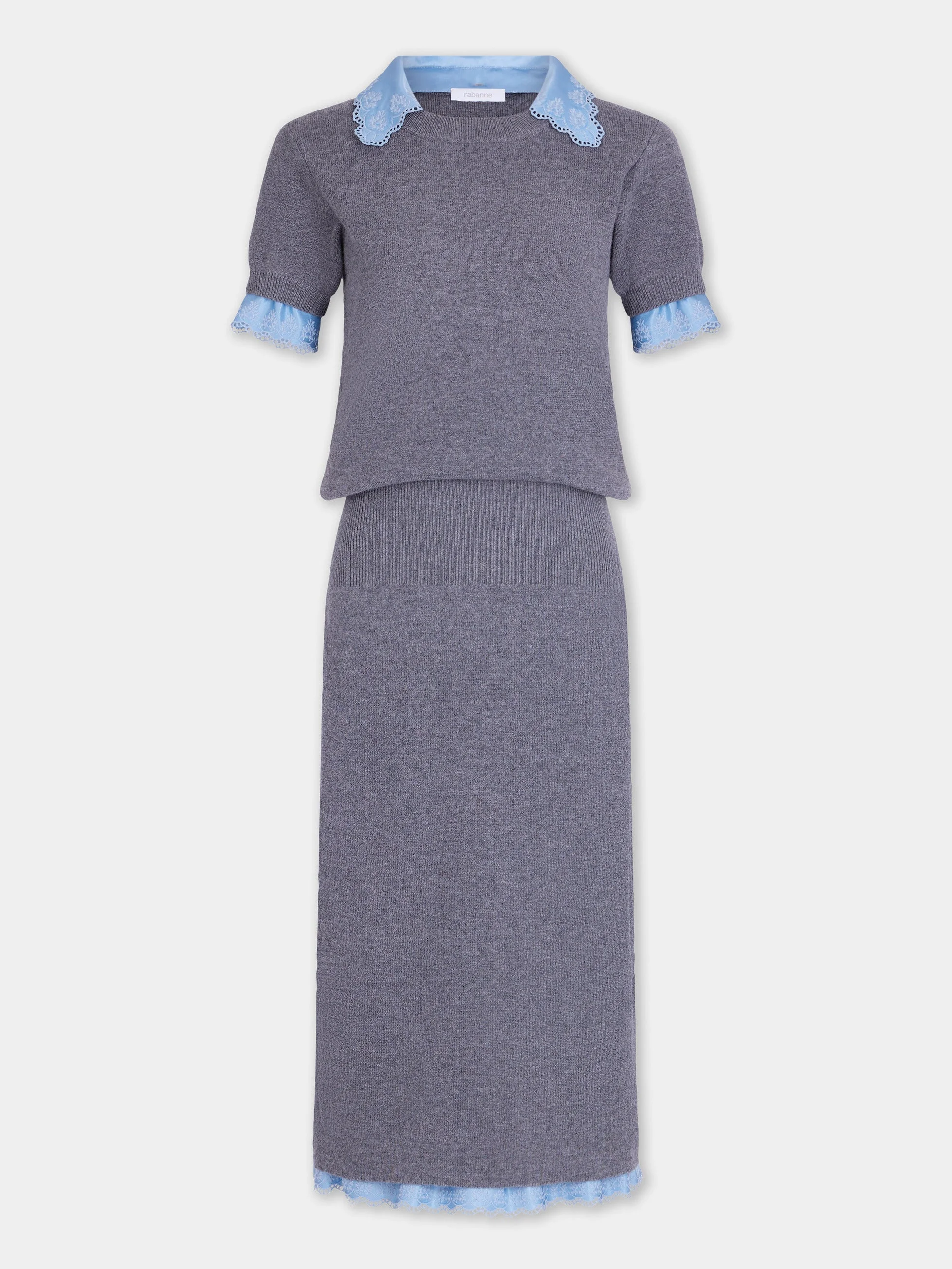 GREY WOOL AND CASHMERE SHORT-SLEEVE MIDI DRESS - 1