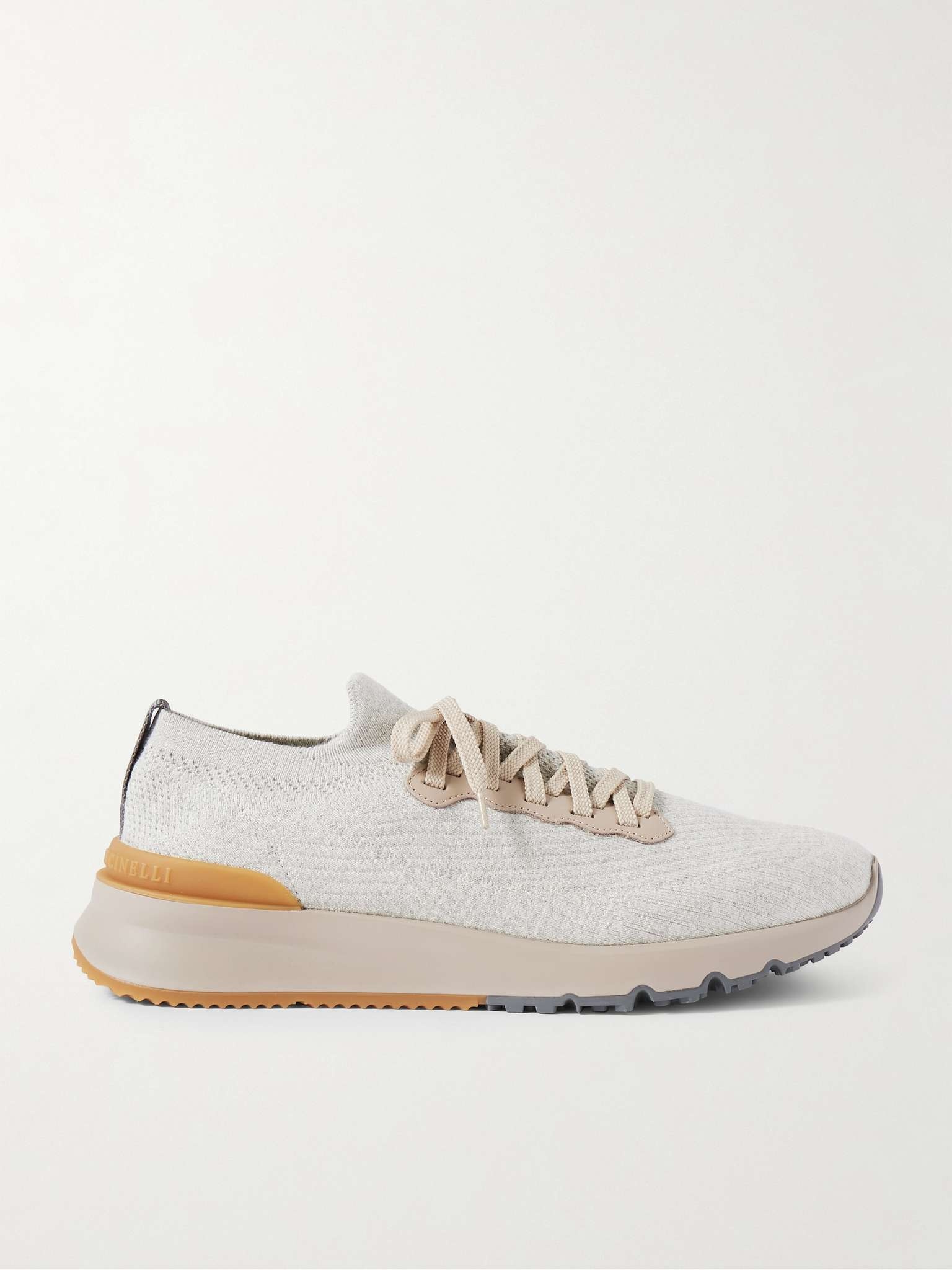 Leather-Trimmed Stretch-Knit Sneakers - 1