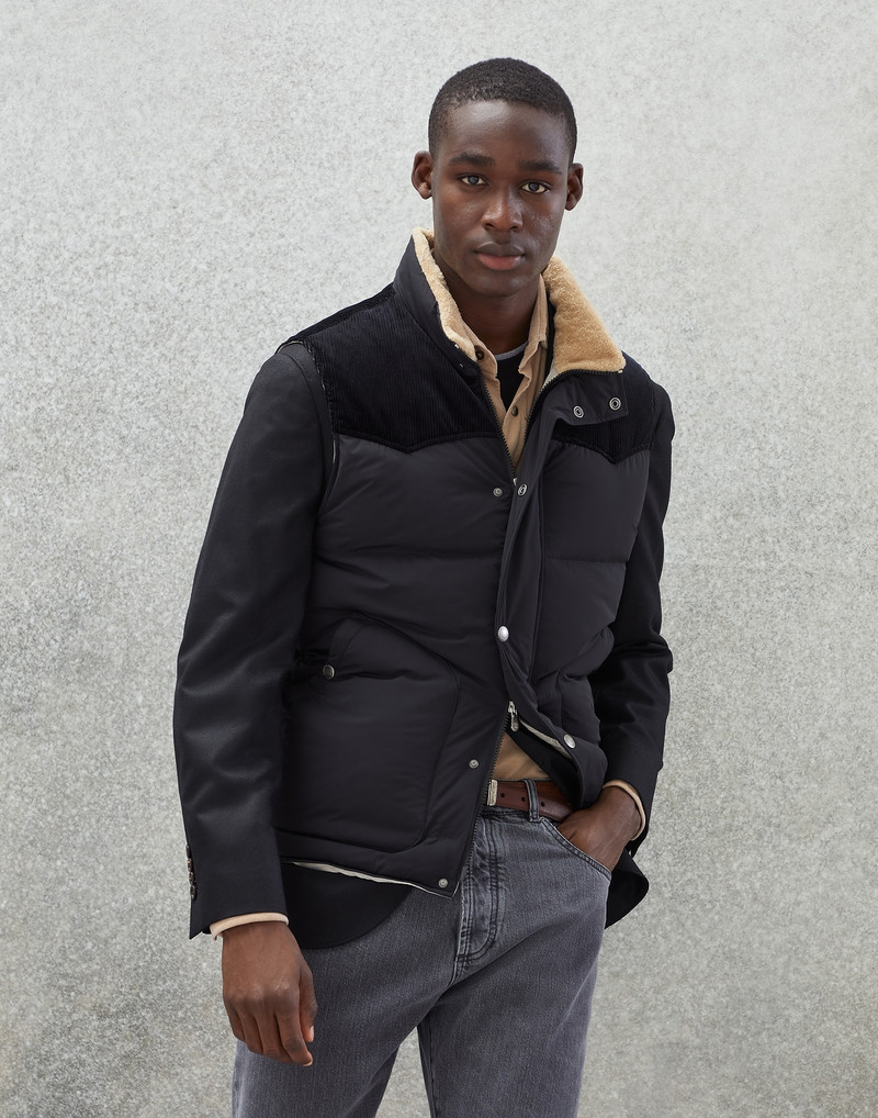 Bonded nylon paneled down vest with shearling-lined collar 1