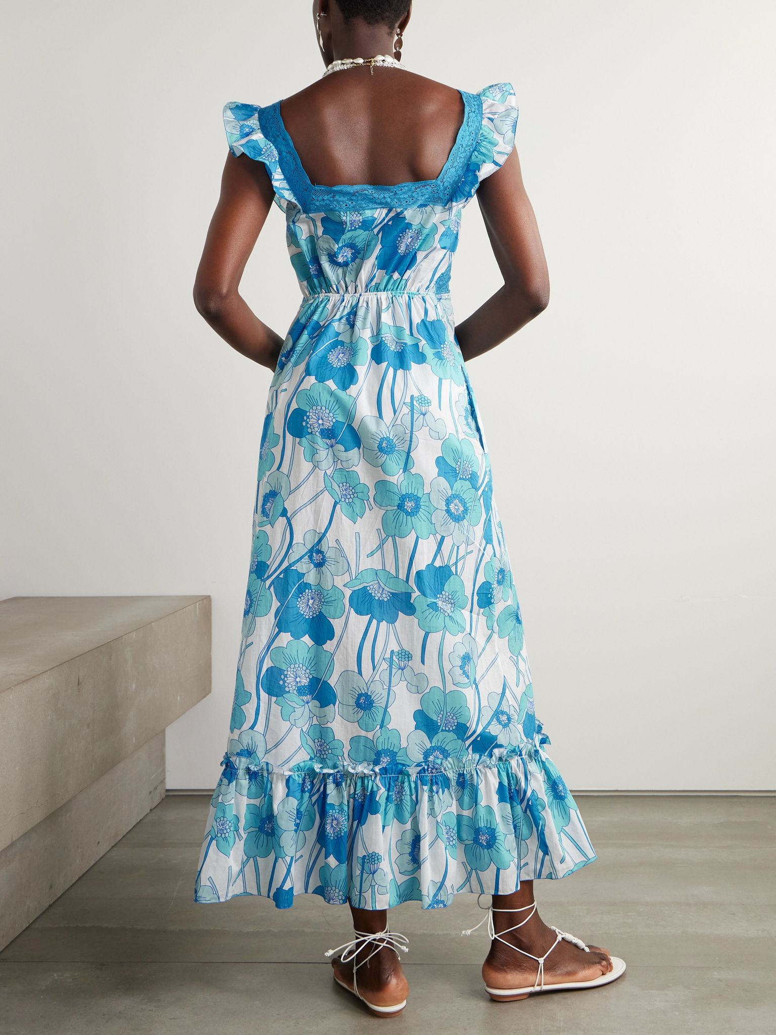 Margherita lace-trimmed floral-print silk-voile maxi dress Blue - 3