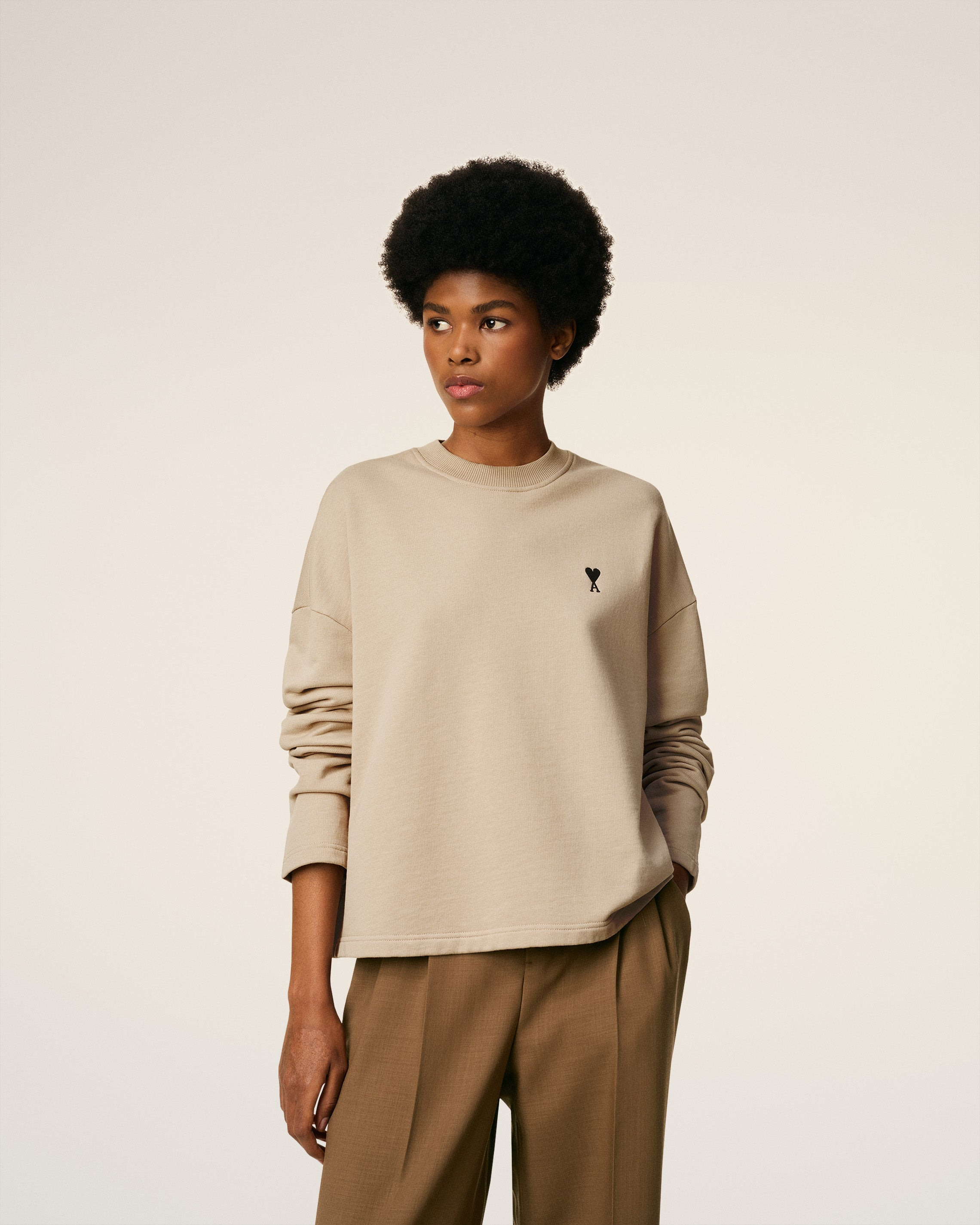 BEIGE COTTON CONTRASTED AMI DE COEUR SWEATSHIRT - 3