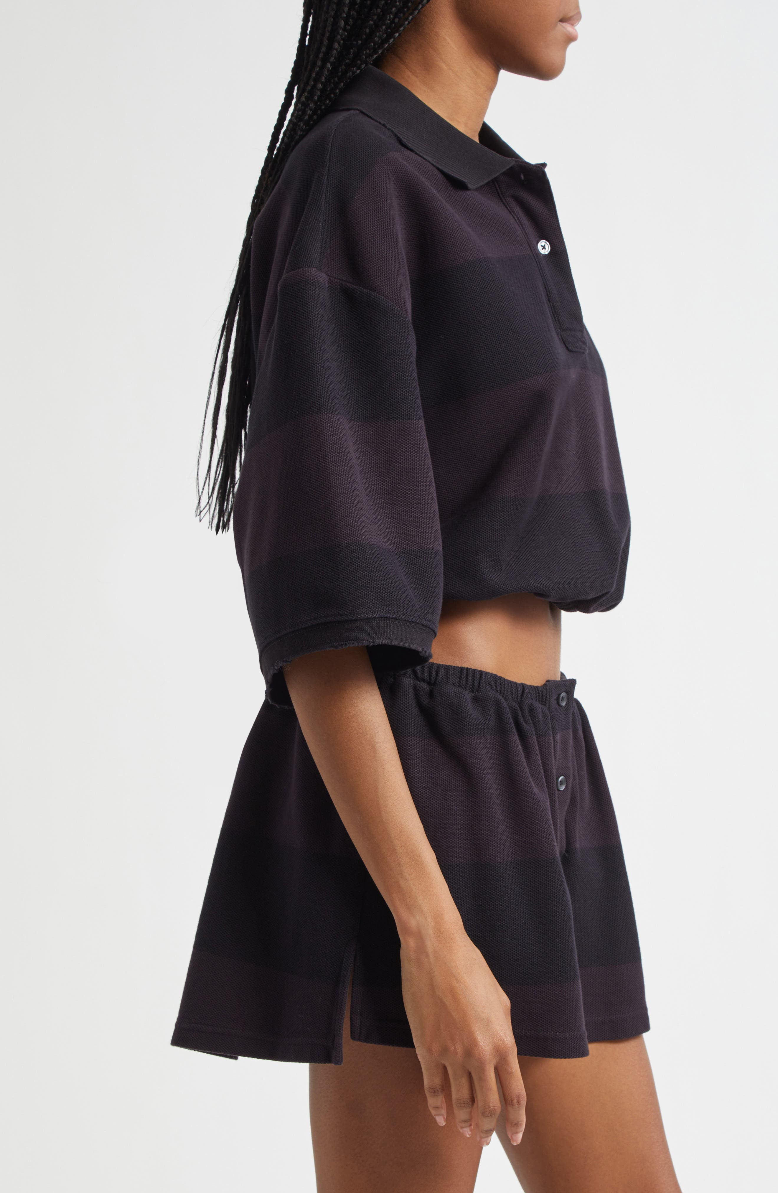 Alexander Wang Deconstructed Crop Piqué Polo in Black Overdyed Stripe at Nordstrom - 4