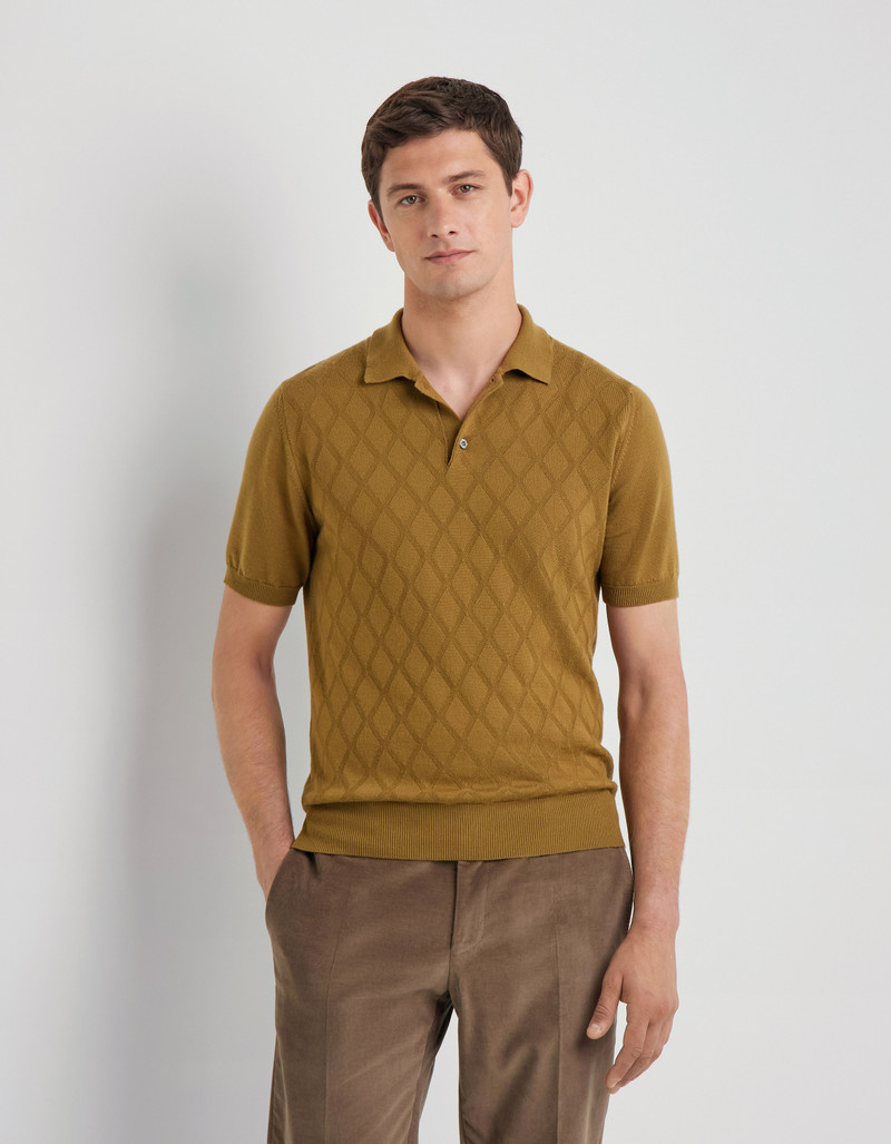 SHORT-SLEEVE MUSTARD MERINO WOOL POLO WITH DIAMOND TEXTURE 3