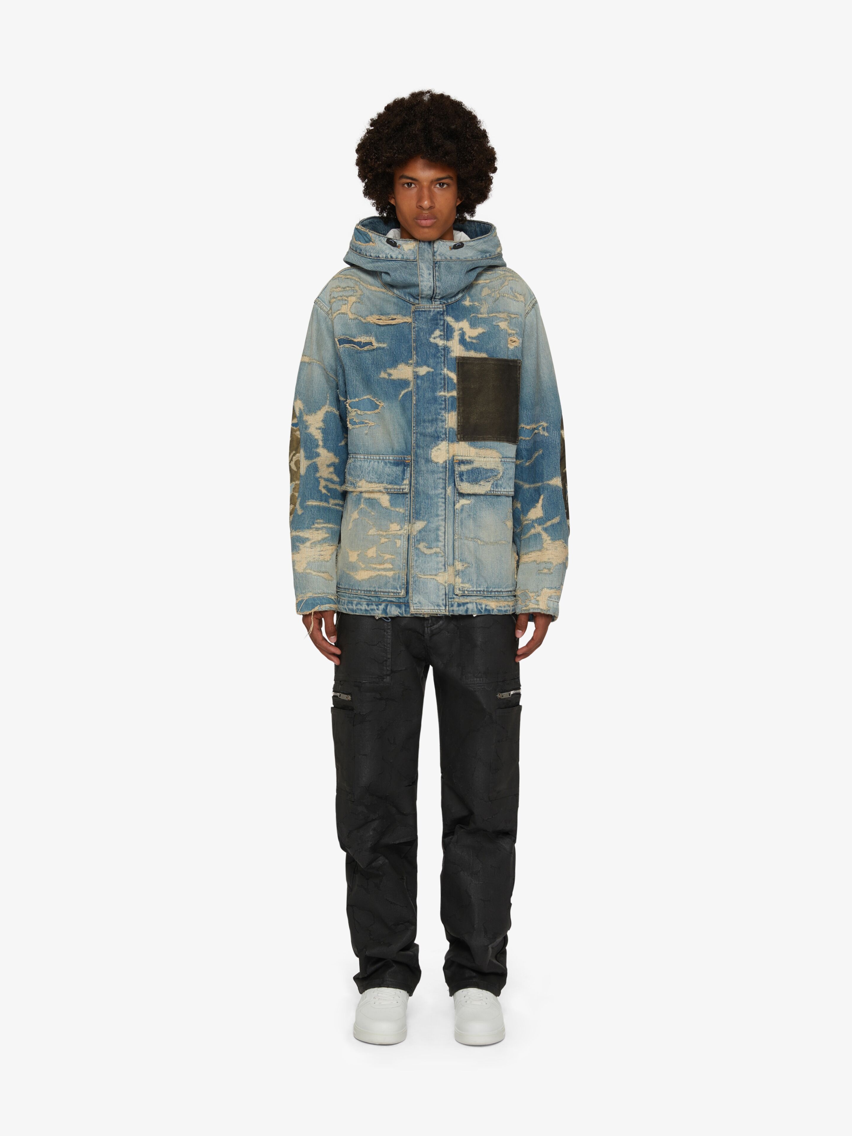 Givenchy HOODED JACKET IN DESTROYED DENIM AND MOLESKIN