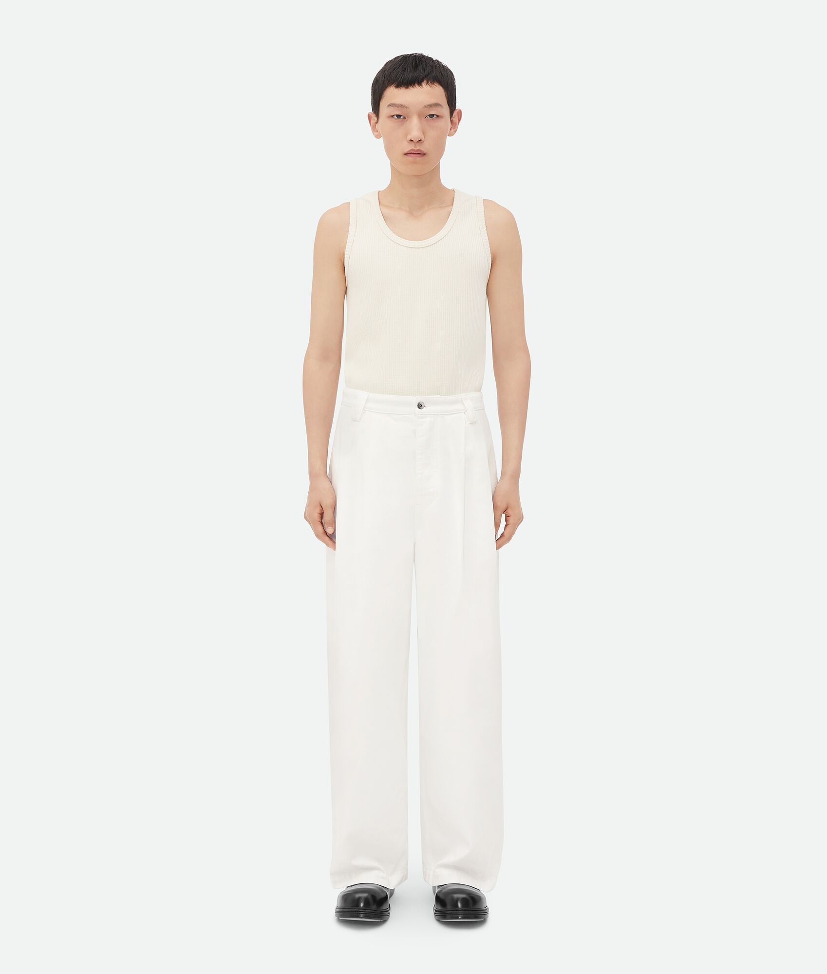 White Pleated Denim Trousers - 1
