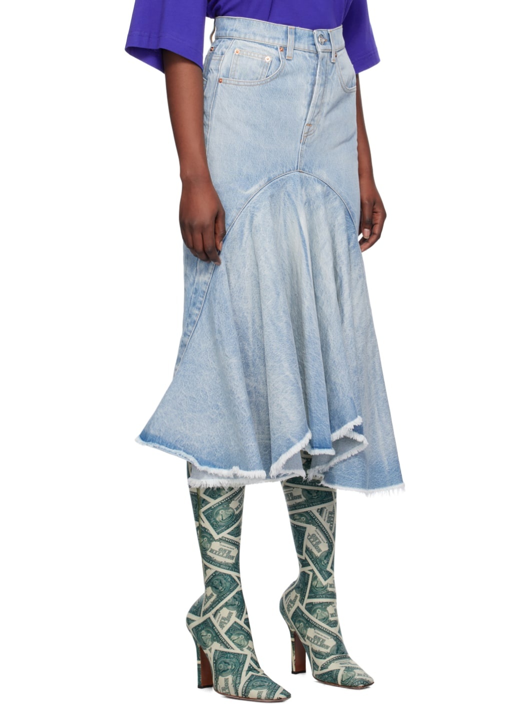 Blue Flared Denim Midi Skirt - 2