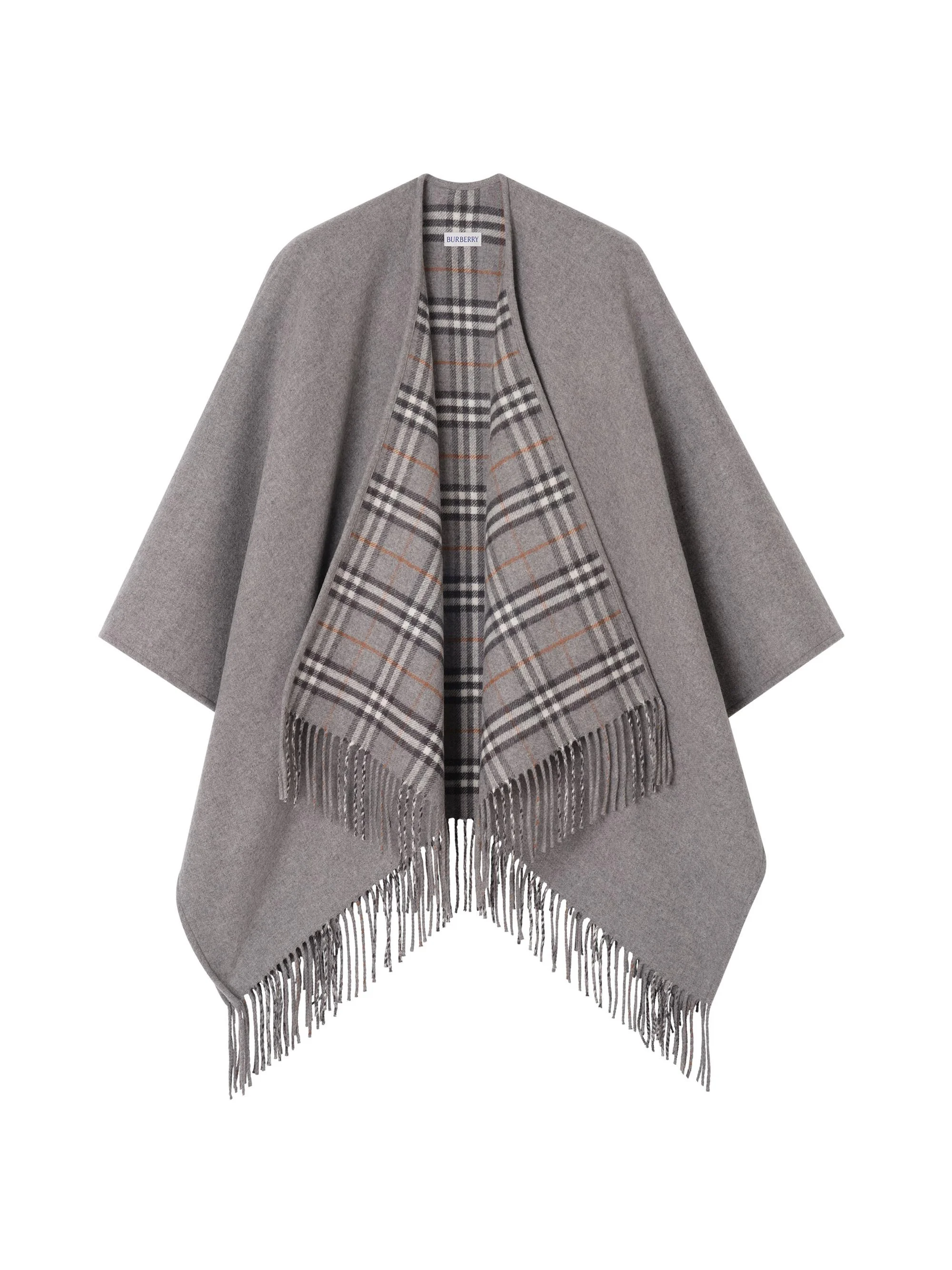 Women's Check Wool Fringe Cape - Grey - 1