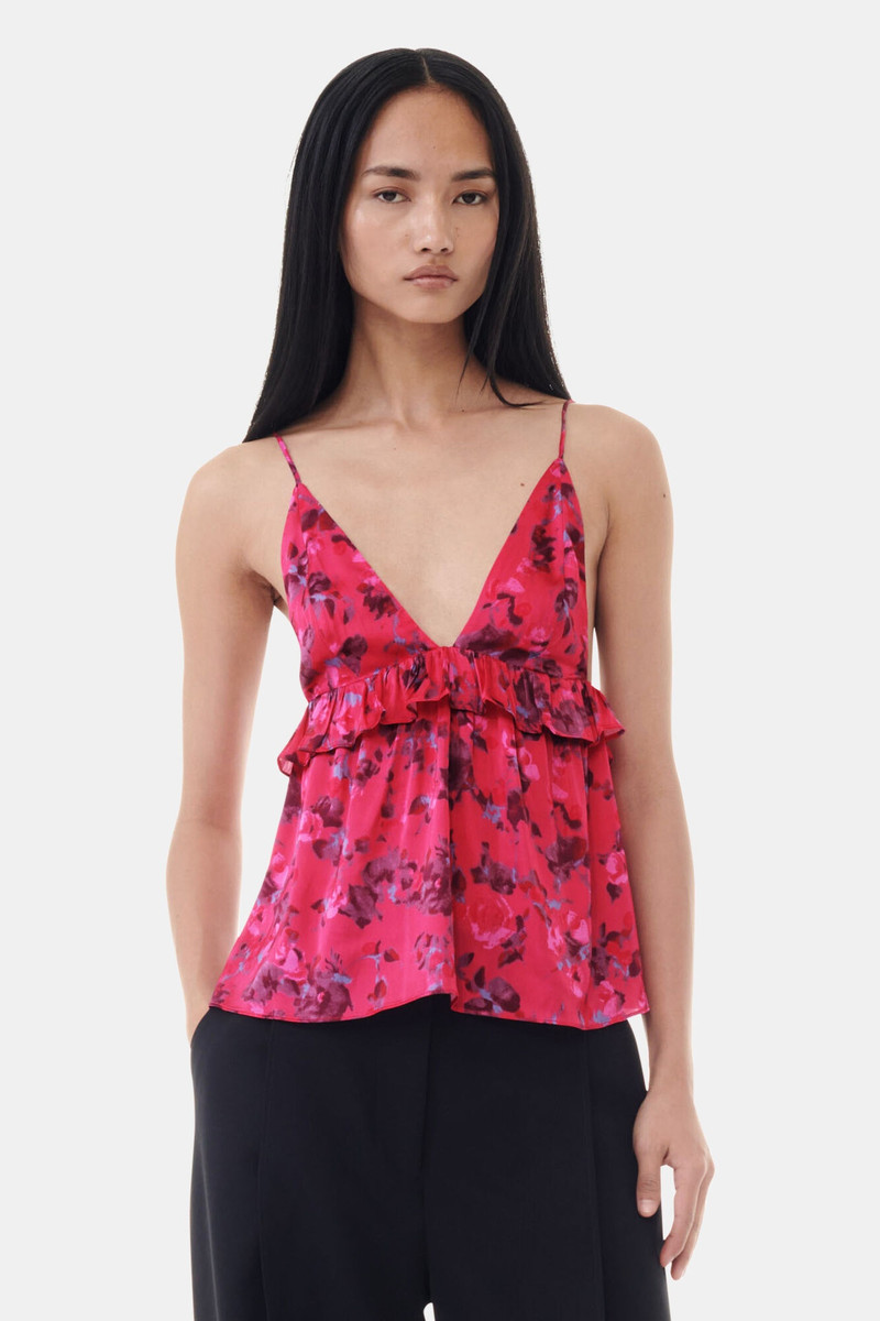 GANNI PINK FLORAL PRINTED SATIN STRAP TOP outlook