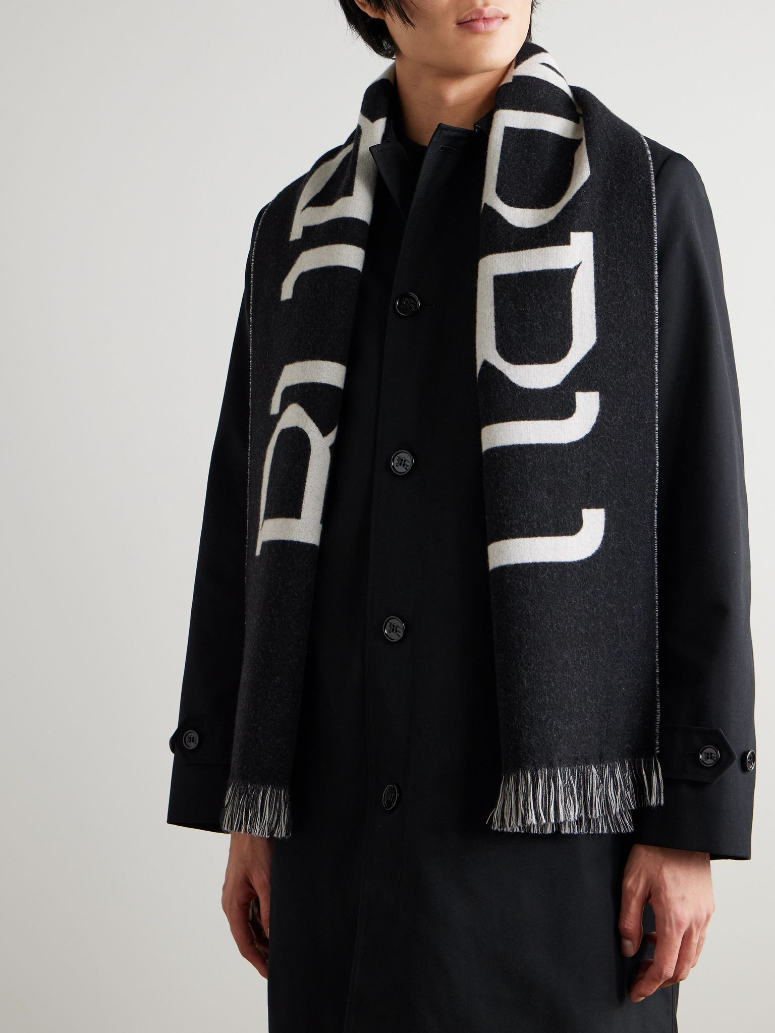 Fringed Logo-Jacquard Wool Scarf Black - 2