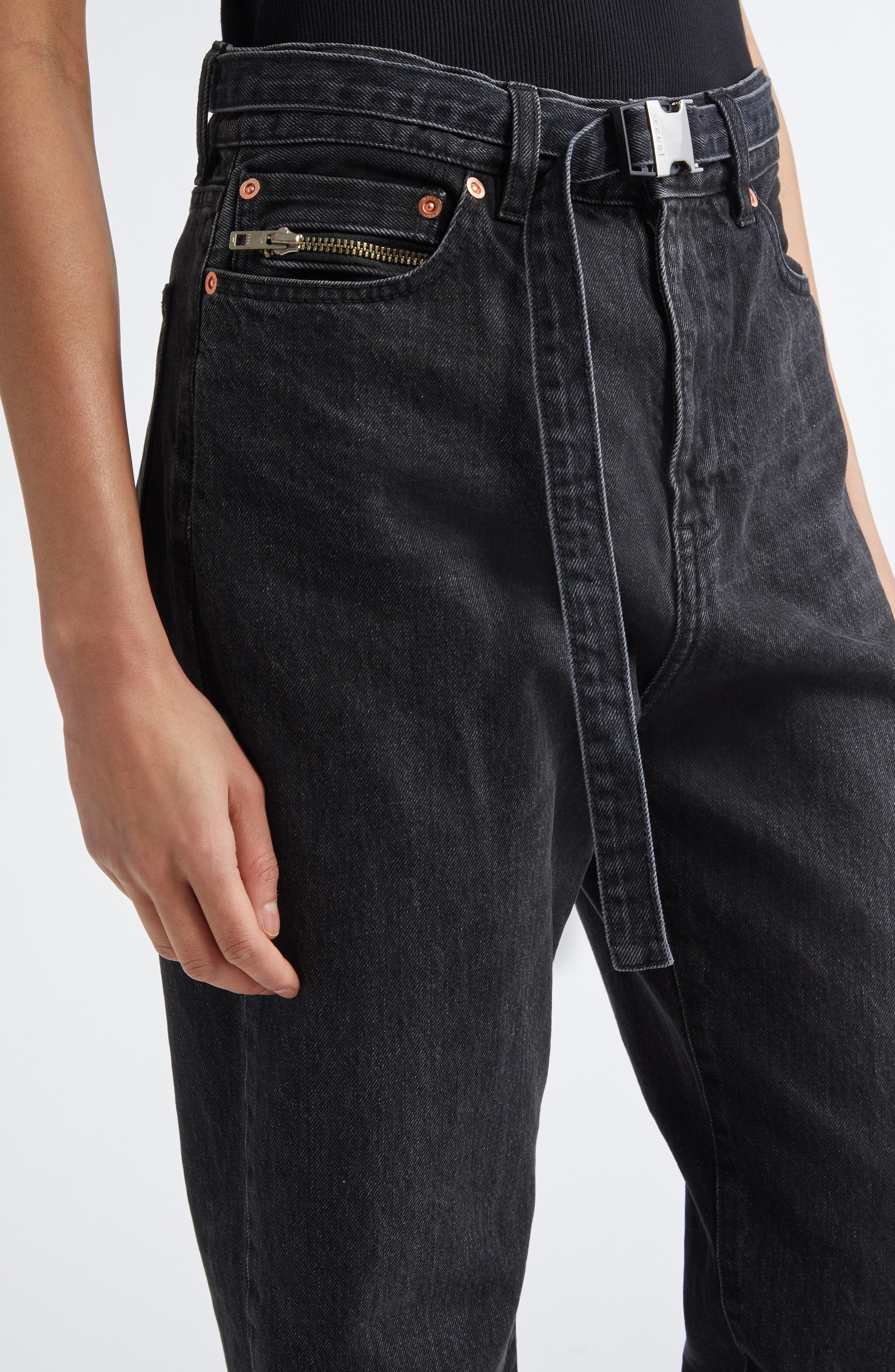 Sacai Belted Straight Leg Jeans in Black at Nordstrom - 5