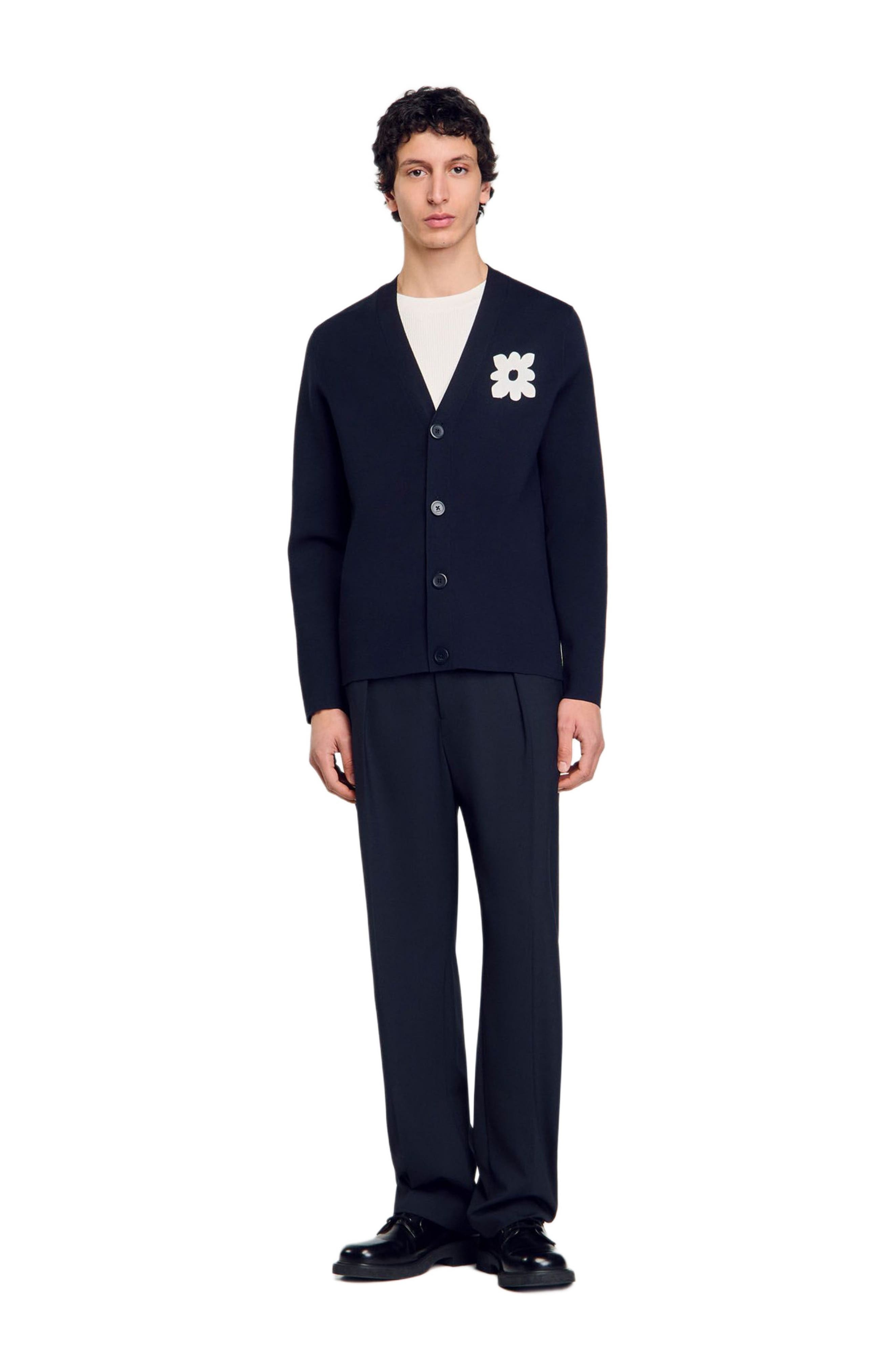 SANDRO Cardigan with flower detail in Navy Blue at Nordstrom - 1