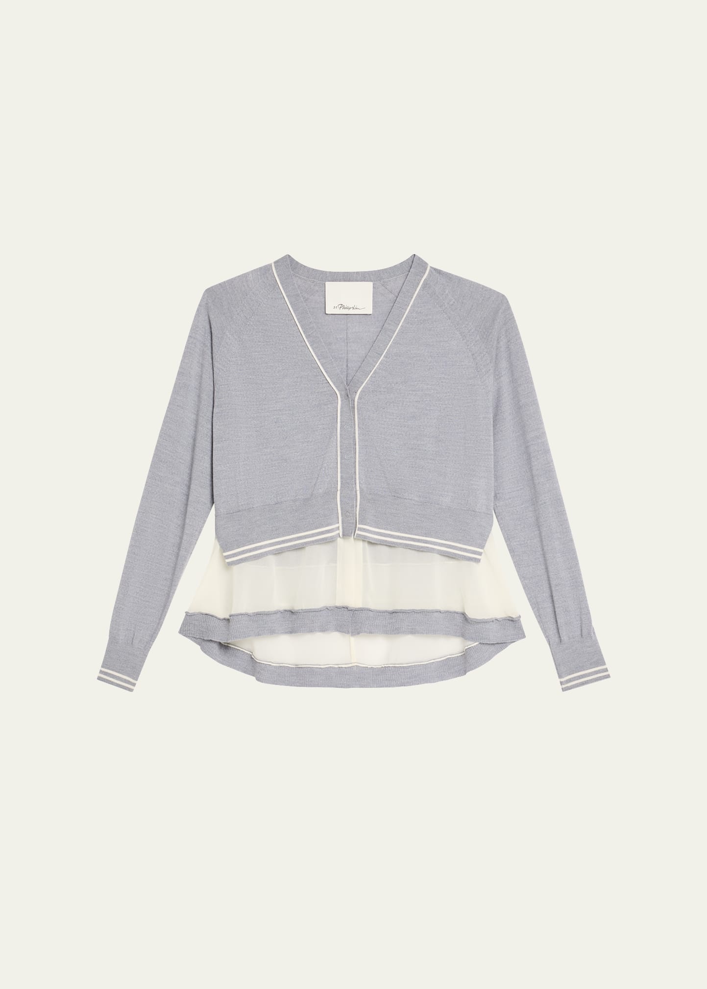 Chiffon-Trim V-Neck Cardigan - 1