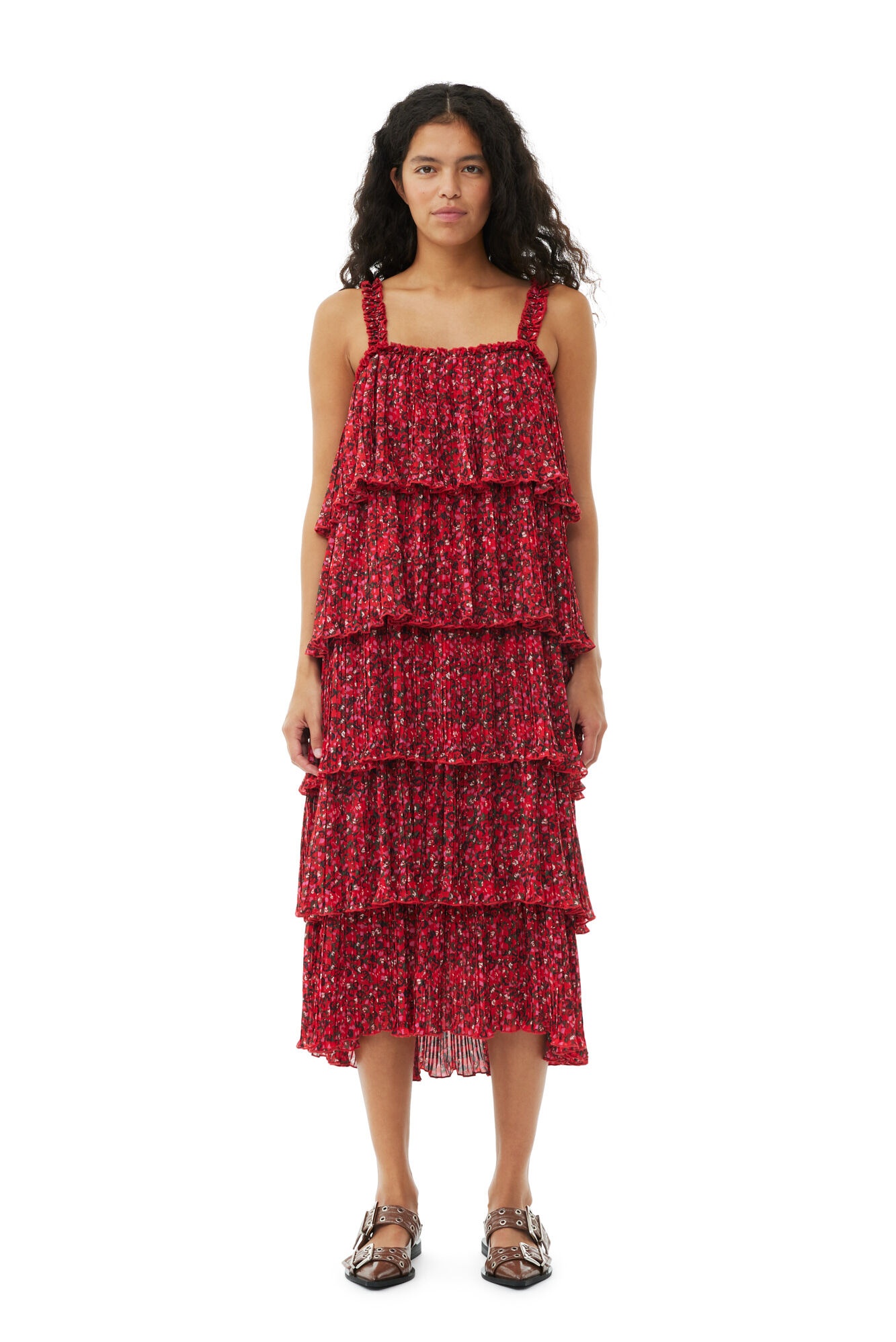 RED PLEATED GEORGETTE FLOUNCE STRAP MIDI DRESS - 2