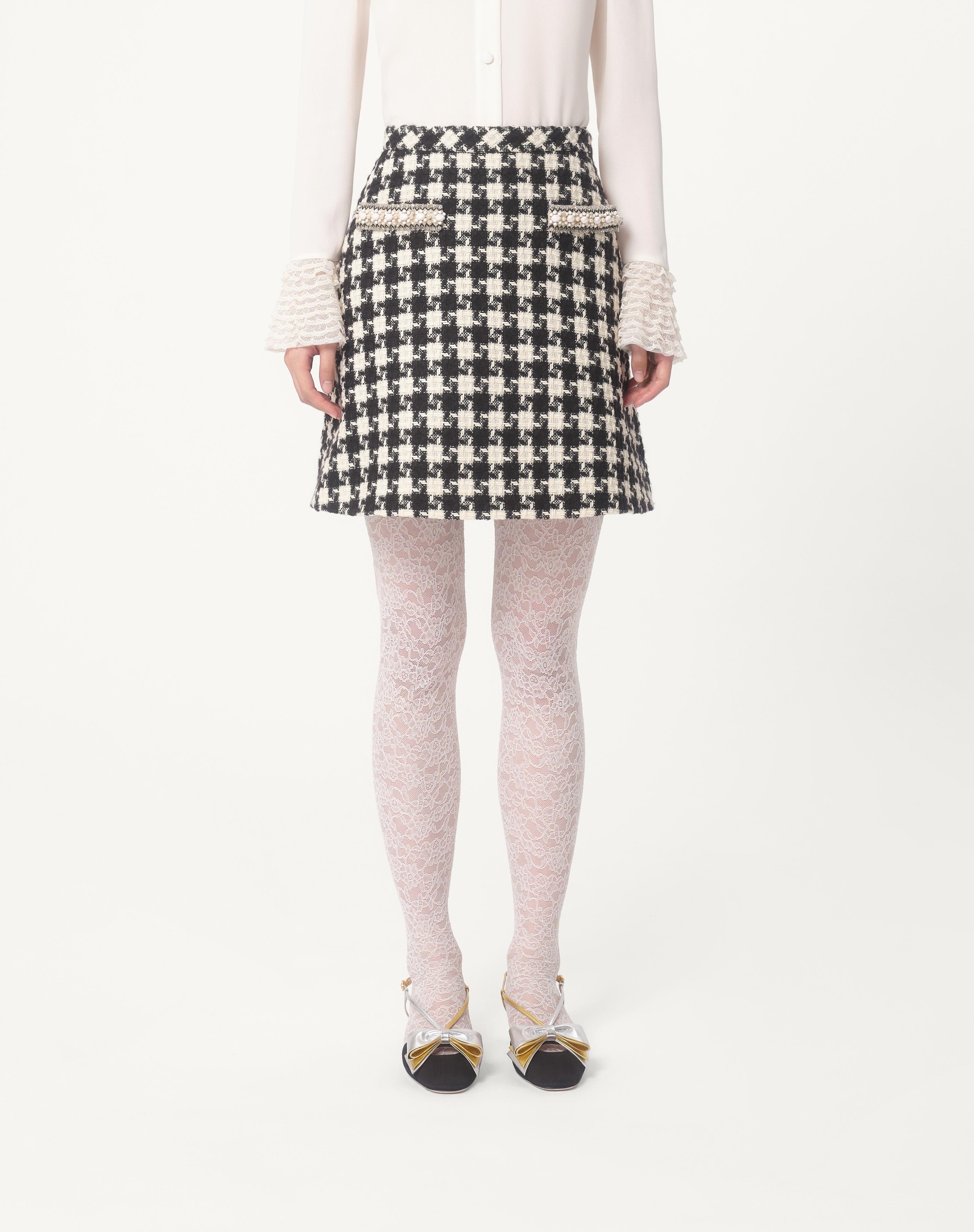 EMBROIDERED DAMIER LIGHT TWEED SKIRT - 5