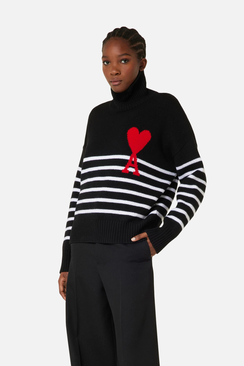 AMI Paris Ami De Coeur Striped Oversize Funnel Neck Sweater outlook