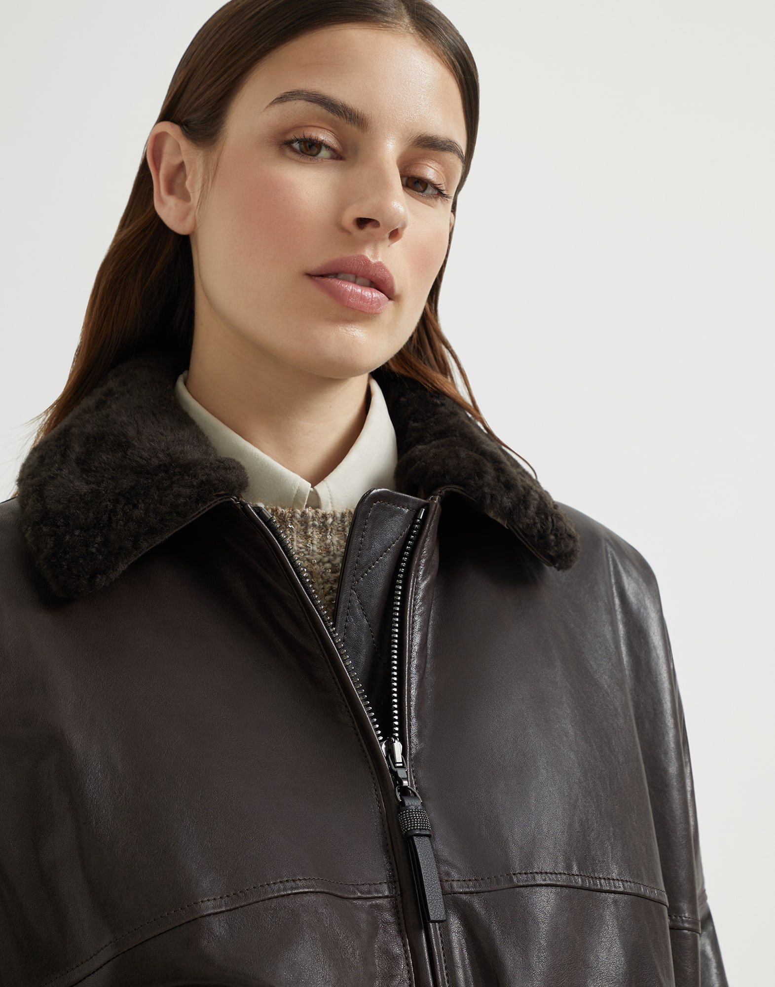 Nappa leather aviator bomber with detachable shearling collar monili - 3