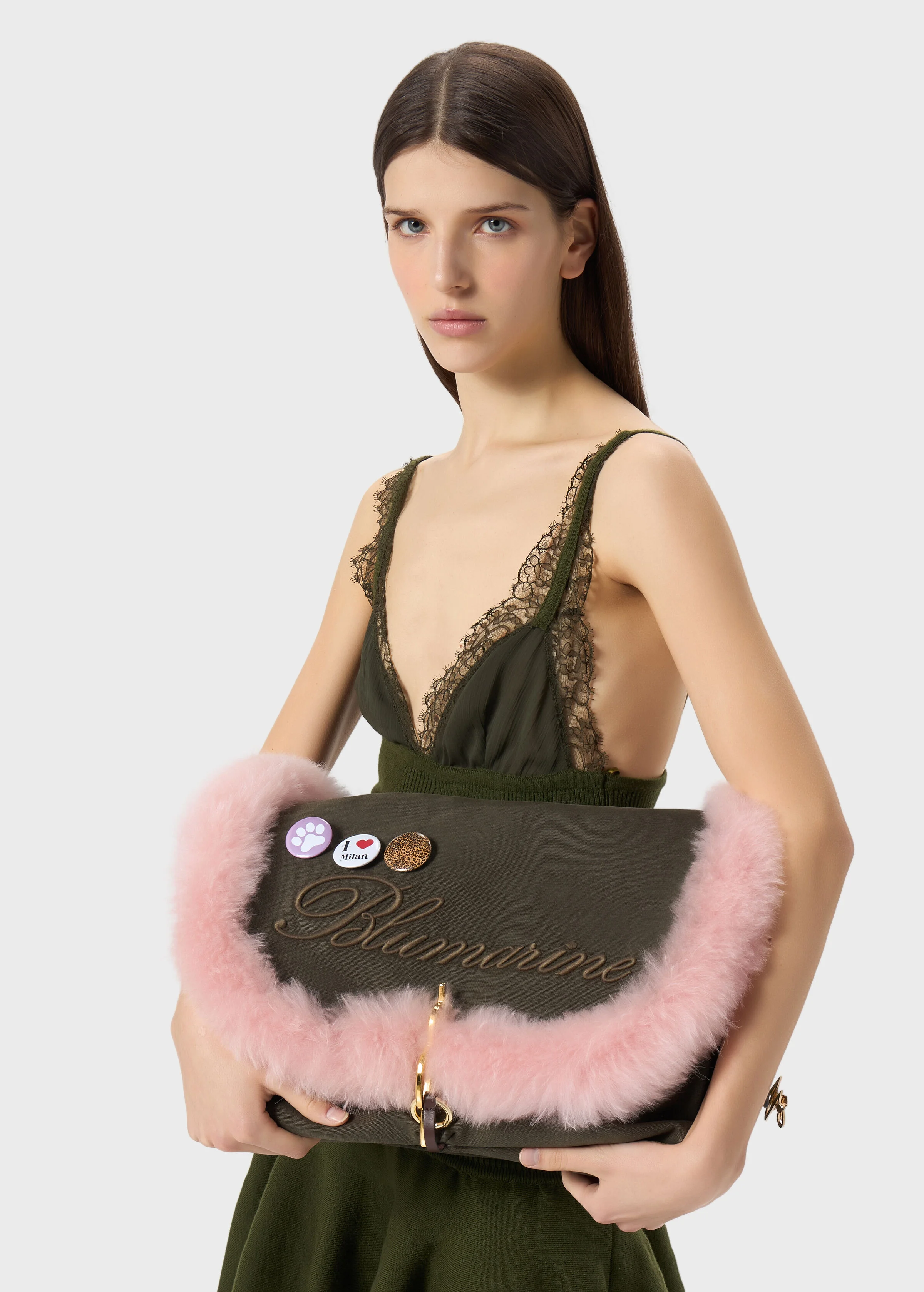 MESSENGER SHOULDER BAG LARGE IN CANVAS WITH FAUX FUR - 1