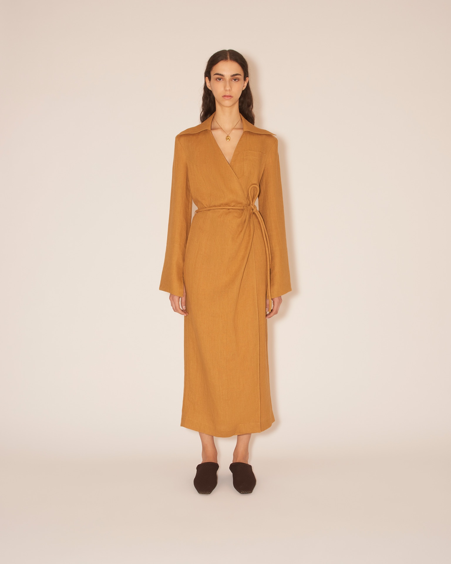 FARAH - Midi wrap dress with straight skirt silhouette - Camel - 2