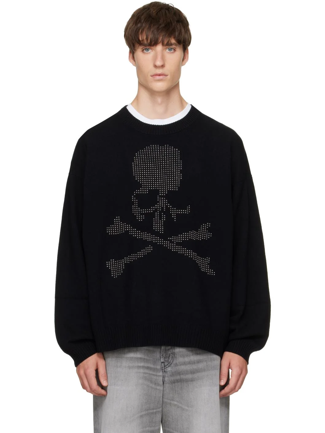 Black Beaded Crewneck Sweater - 1