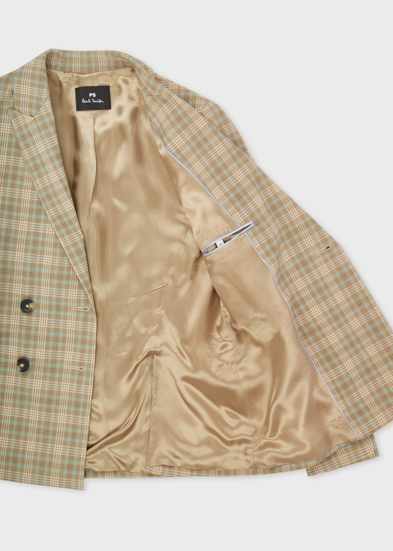 Women's Cream and Blue Check Double-Breasted Blazer 4