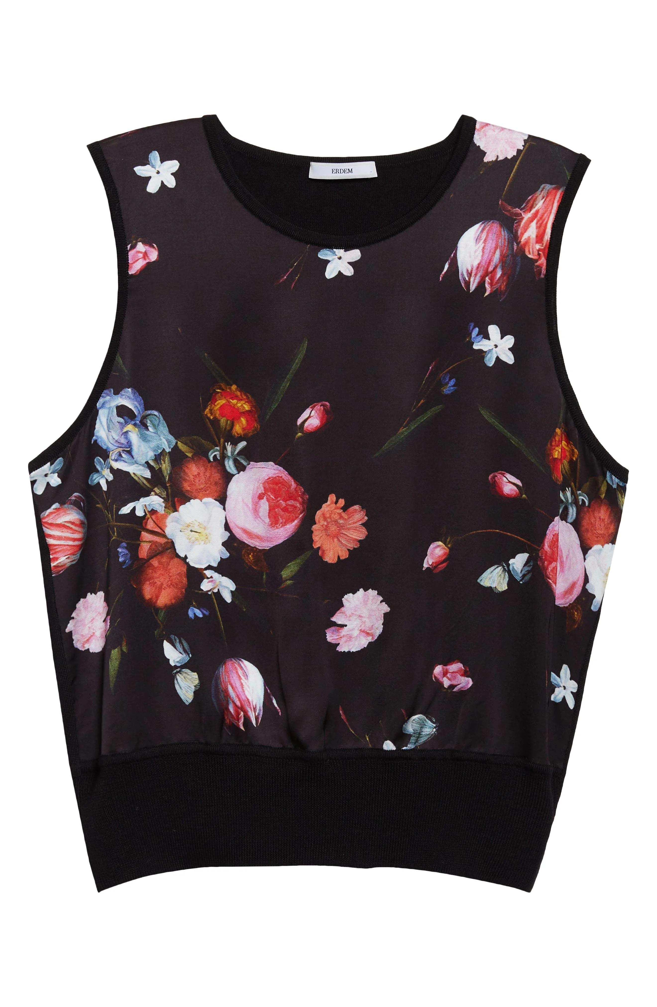 Erdem Floral Sleeveless Satin & Merino Wool Sweater in Dutch Flower Painting Black at Nordstrom - 1
