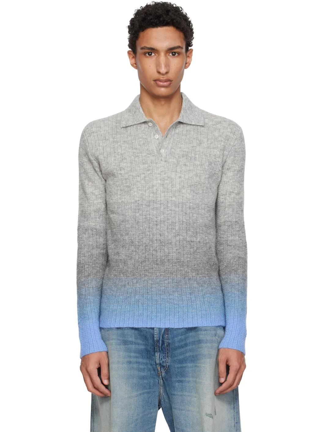 Gray Thin Gradient Knit Polo - 1