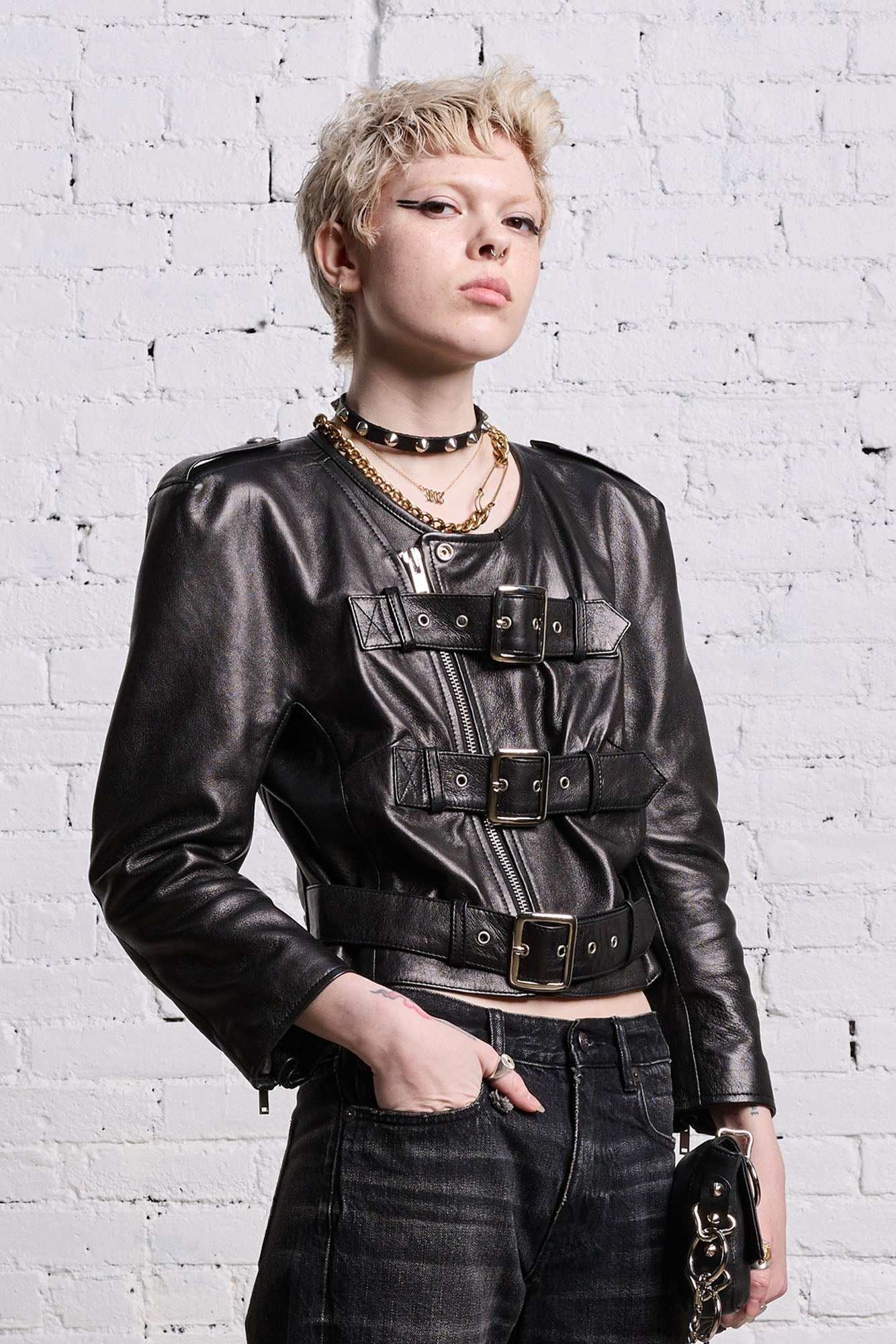 BELTED MOTORCYCLE JACKET - BLACK - 2