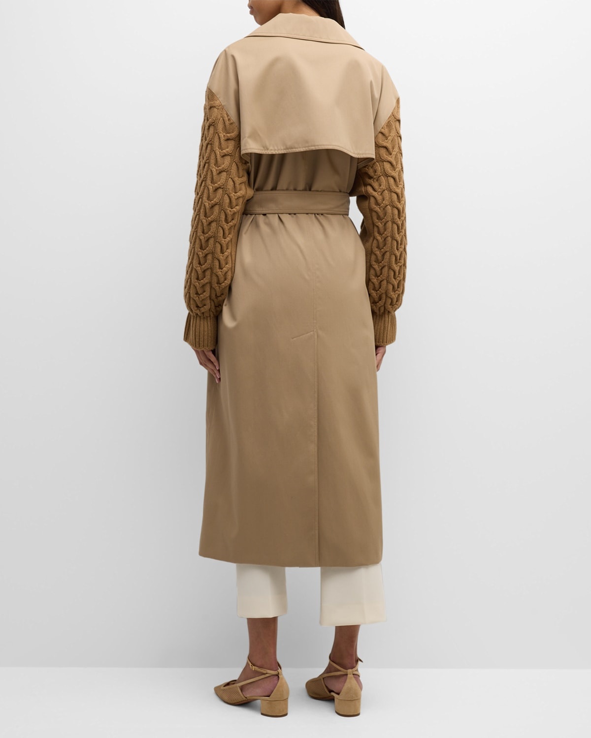 Cicladi Cable-Knit Sleeves Belted Long Trench Coat - 4