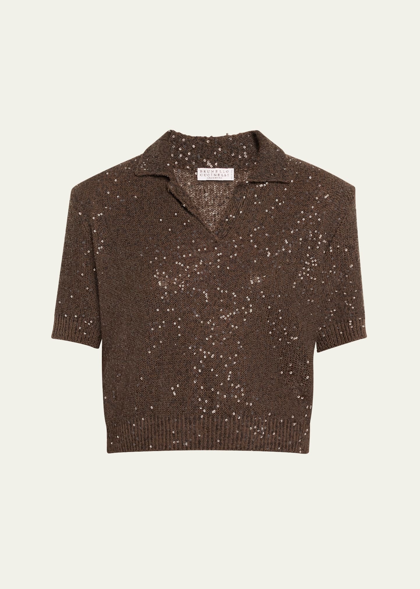 Sequined Cashmere Cropped Polo Sweater - 1