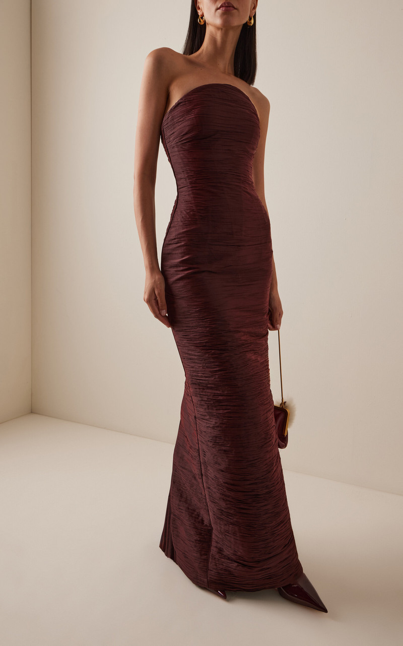 MARMAR HALIM Strapless Pleated Taffeta Gown burgundy outlook