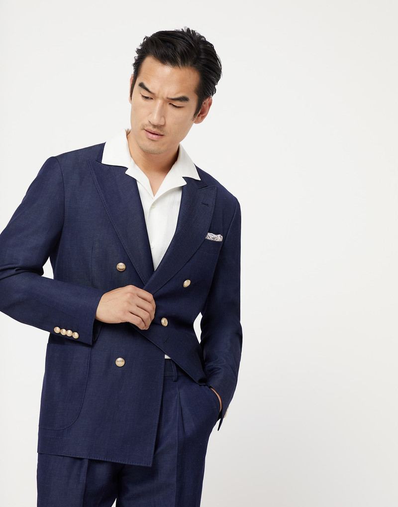 Wool and linen denim-effect twill one-and-a-half breasted blazer with patch pockets and metal button - 1