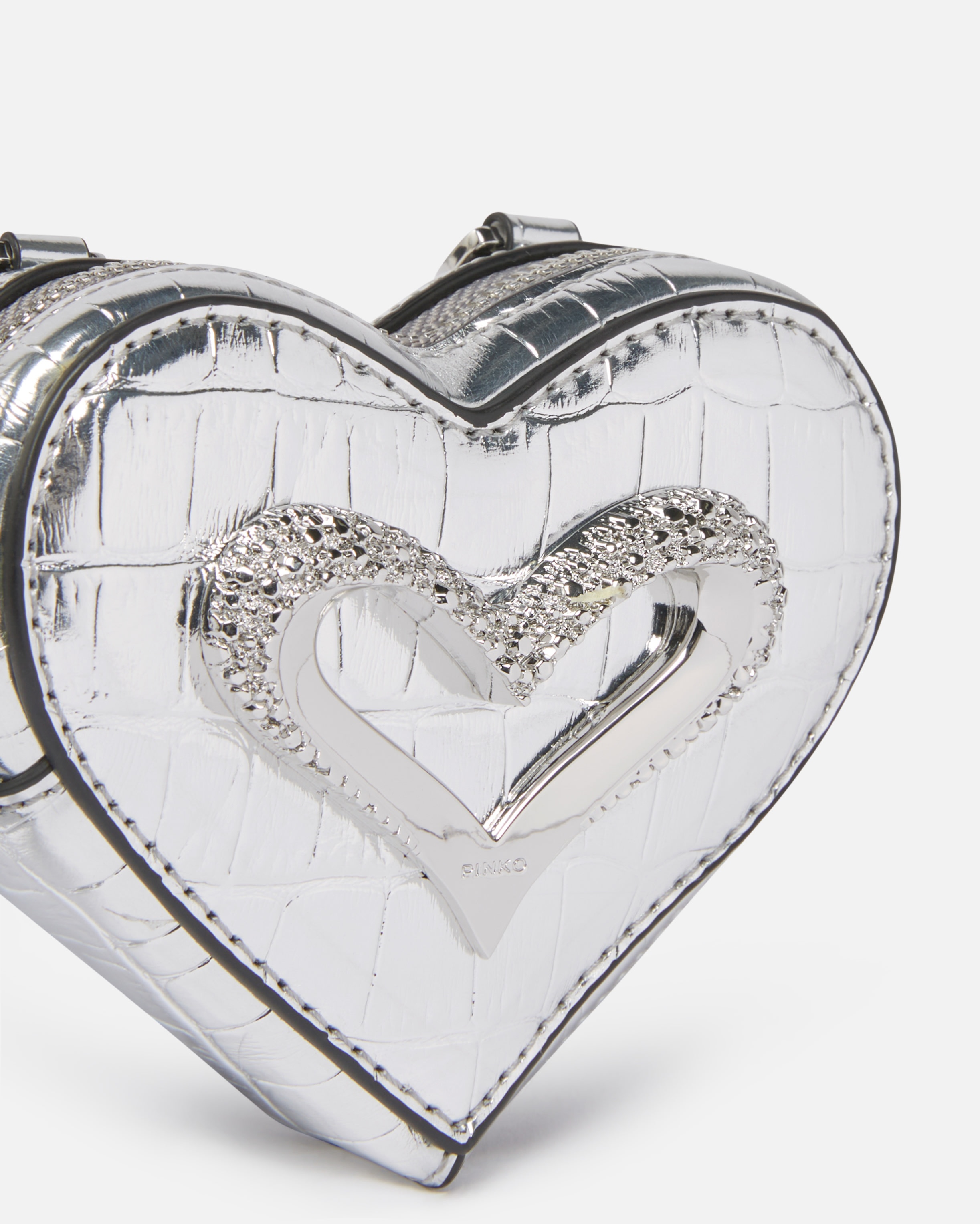 SILVER MIRROR-FINISH LEATHER HEART-SHAPED COIN PURSE - 3