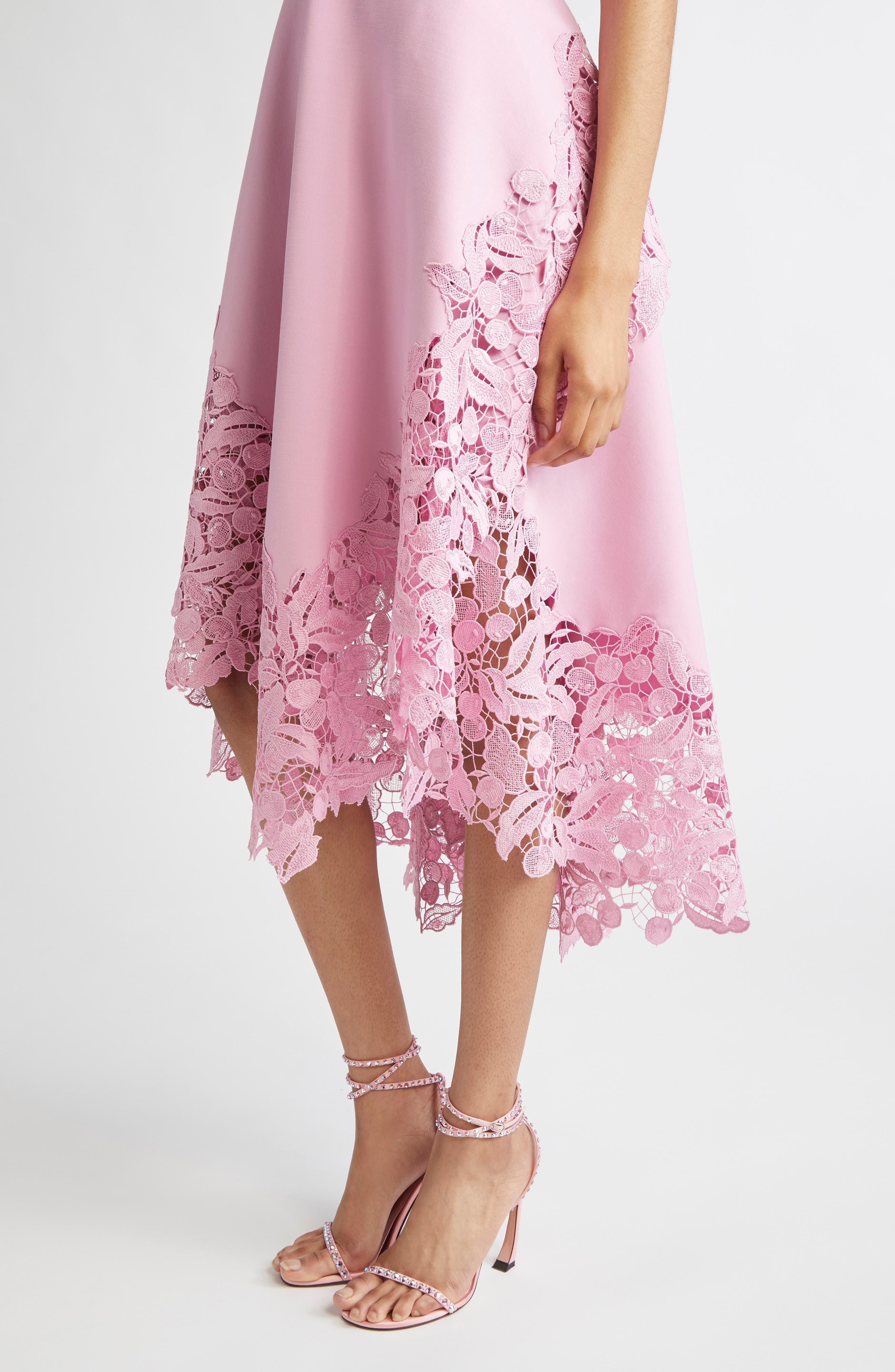Oscar de la Renta Cherry Blossom Guipure Lace Trim Belted Midi Dress in Lily at Nordstrom - 4
