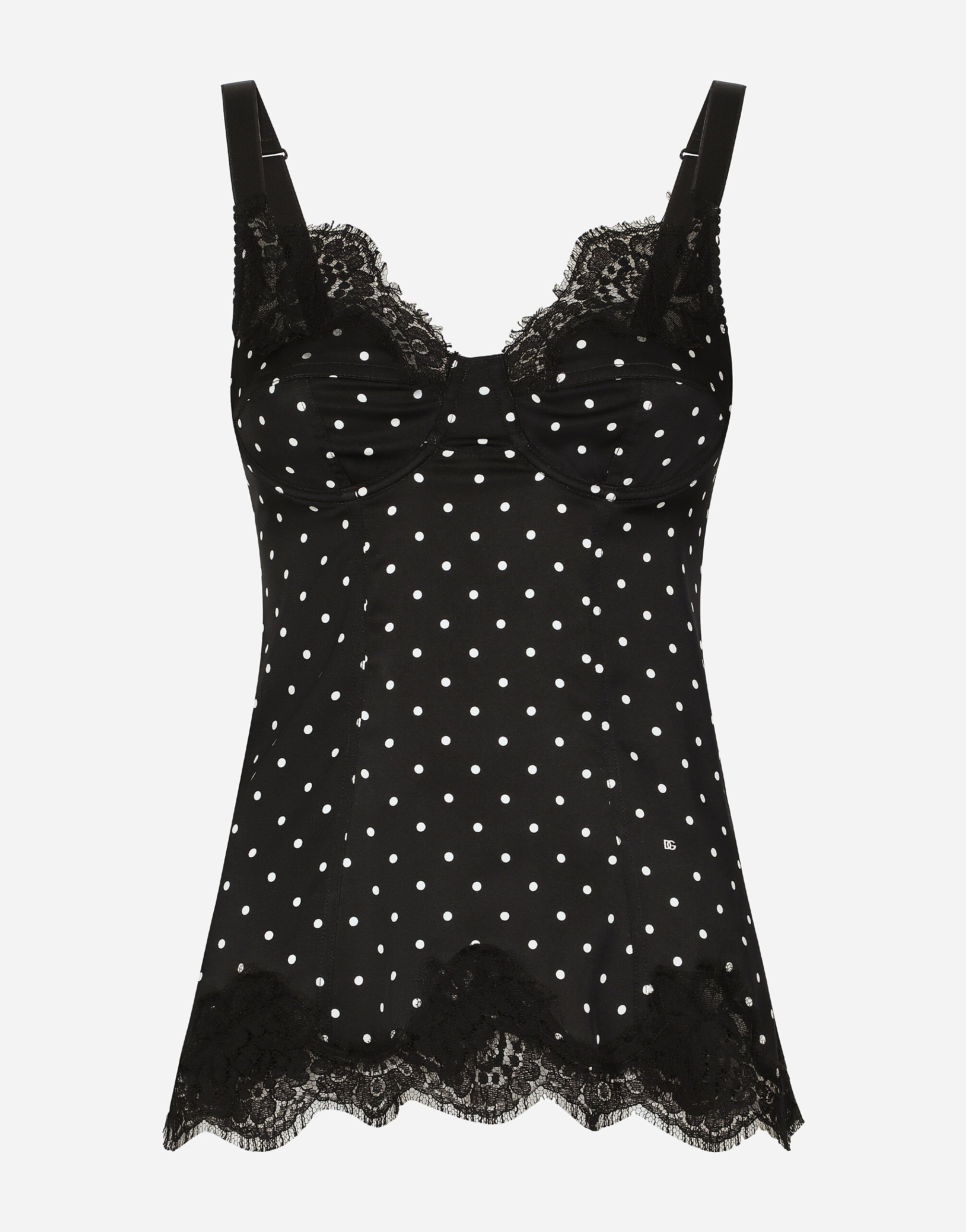 Silk lingerie-style top with polka-dot print and lace detailing - 1