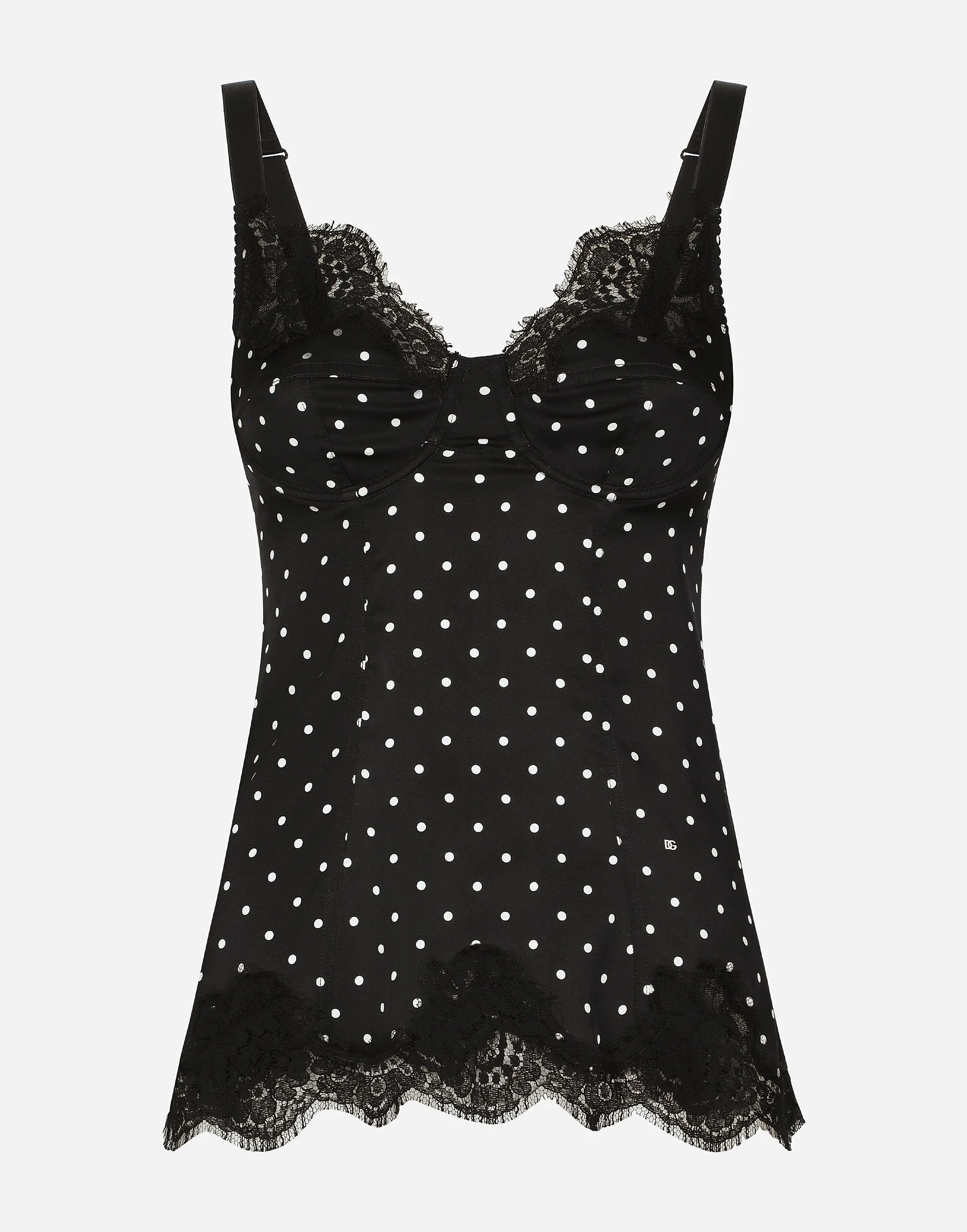 Silk lingerie-style top with polka-dot print and lace detailing - 1