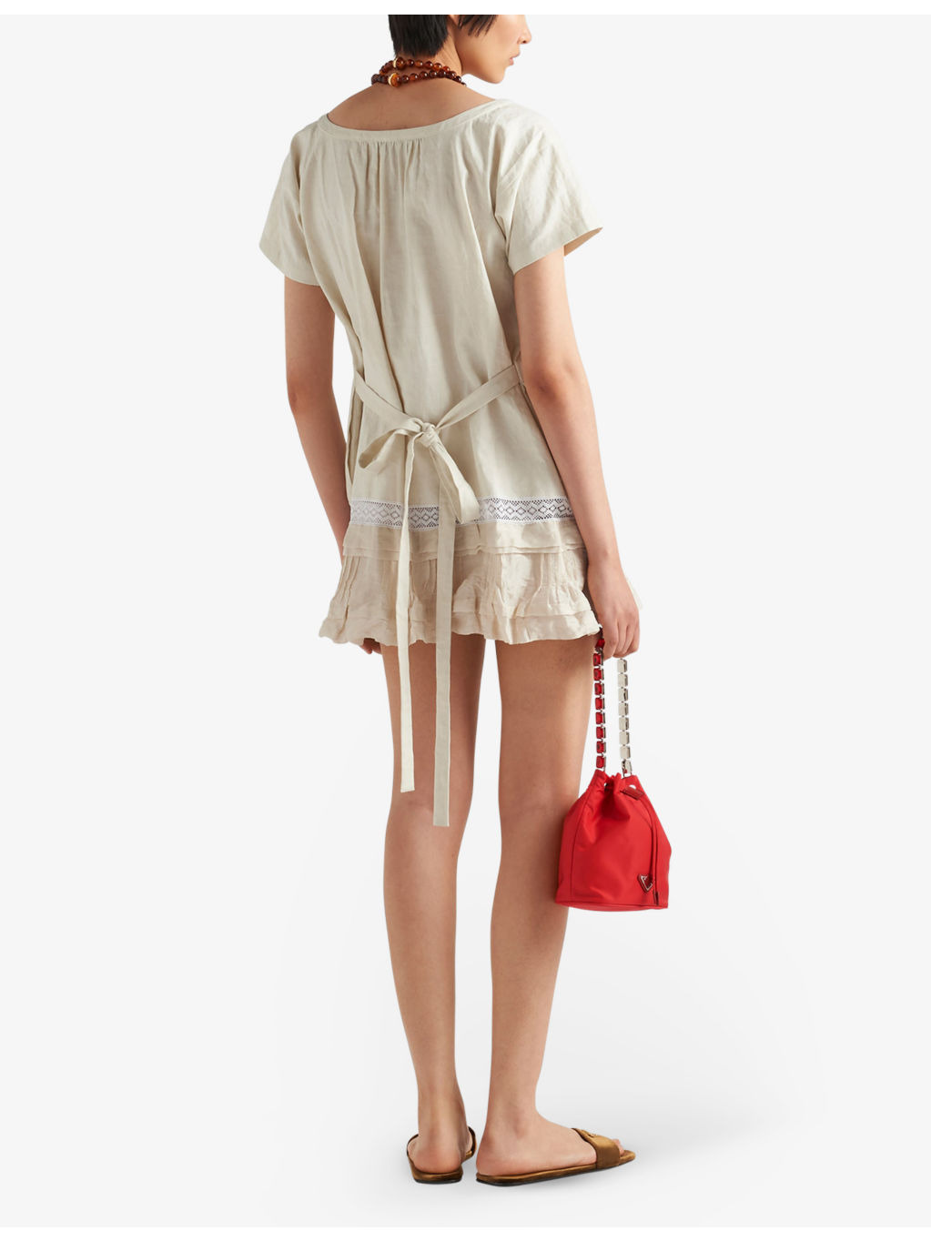 Embroidered lace-trim linen mini dress - 4