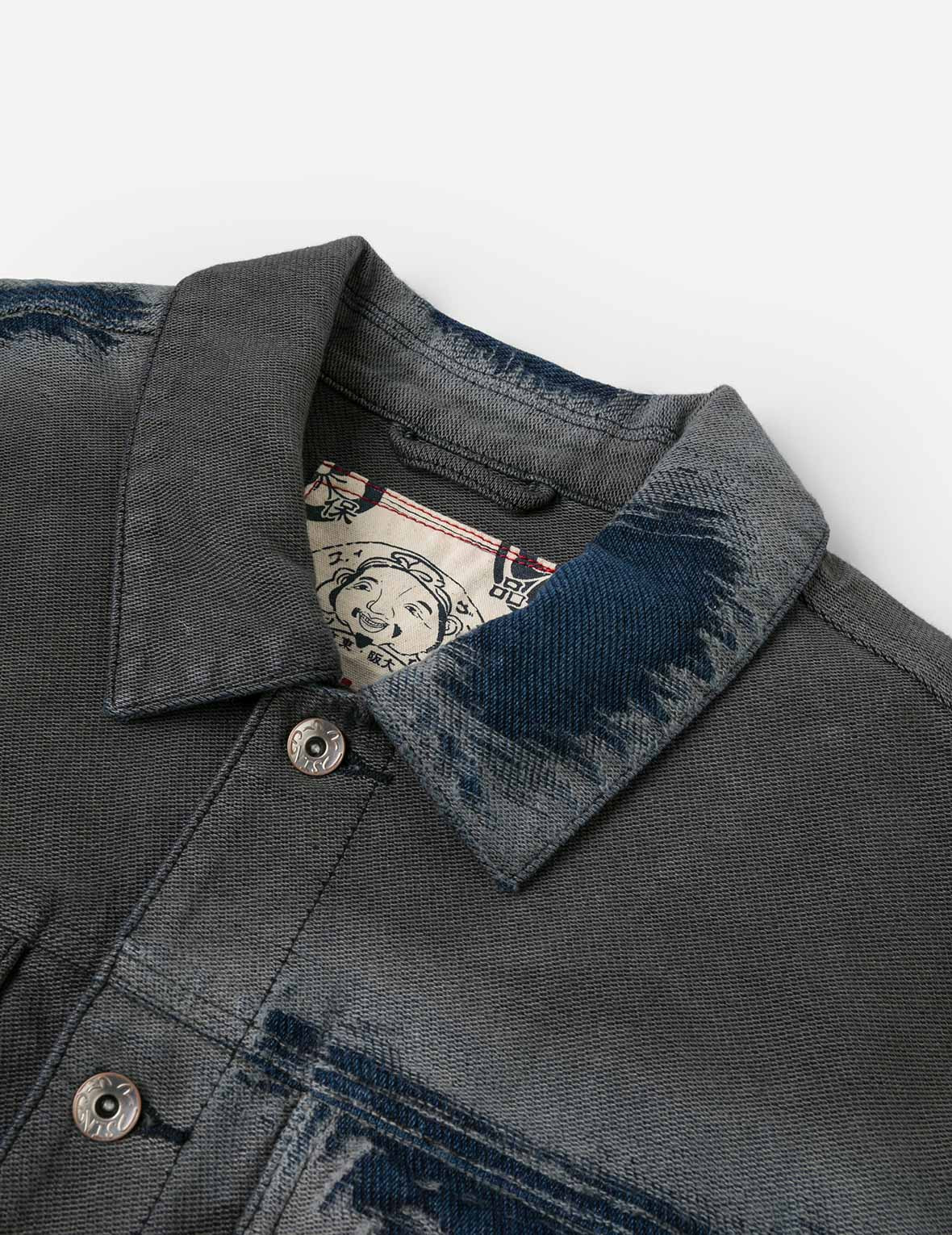 Distressed Seagull and Logo Print Relax Fit Washed Denim Jacket - 7