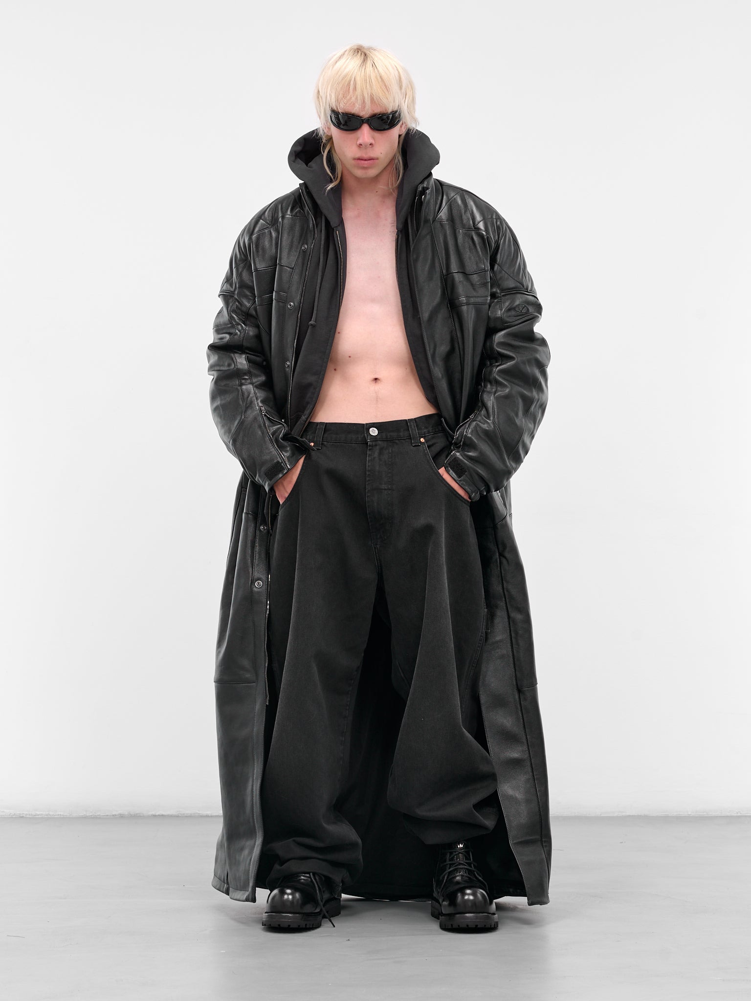 Black Leather Long Moto Coat - 6