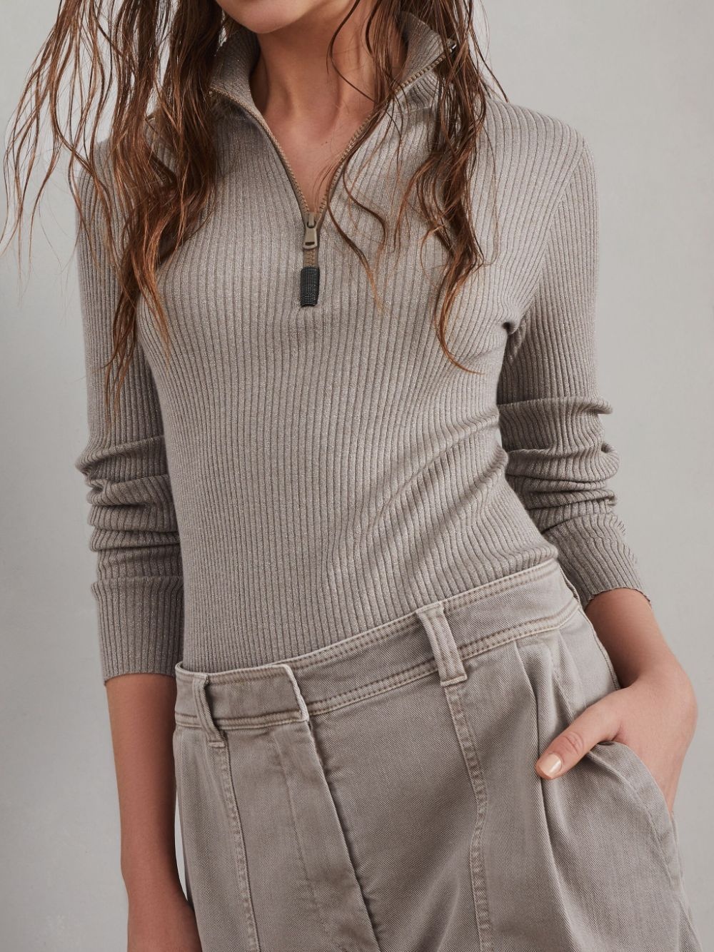 high neck ribbed knit T-shirt - 6