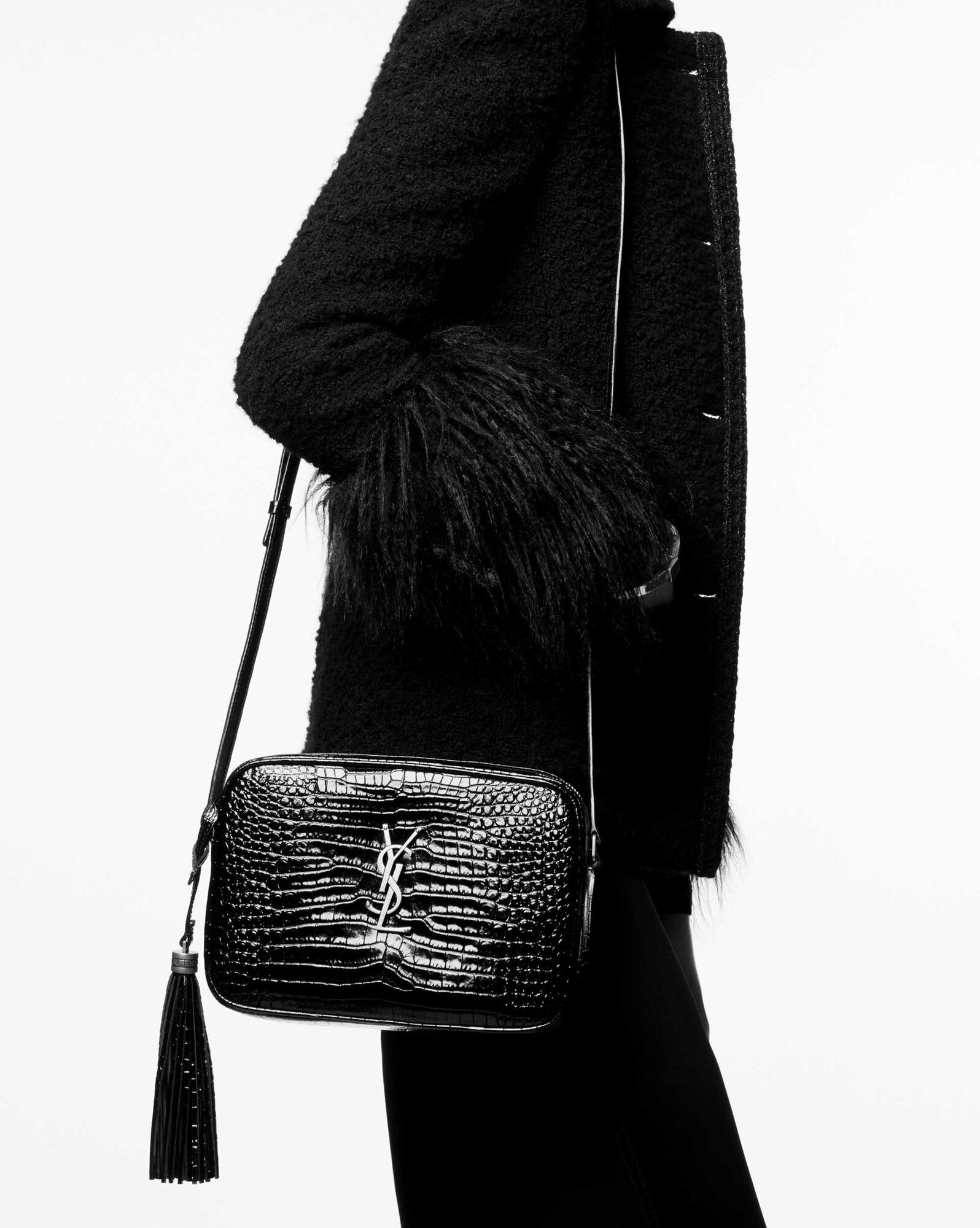 SAINT LAURENT lou camera bag in crocodile embossed shiny leather REVERSIBLE