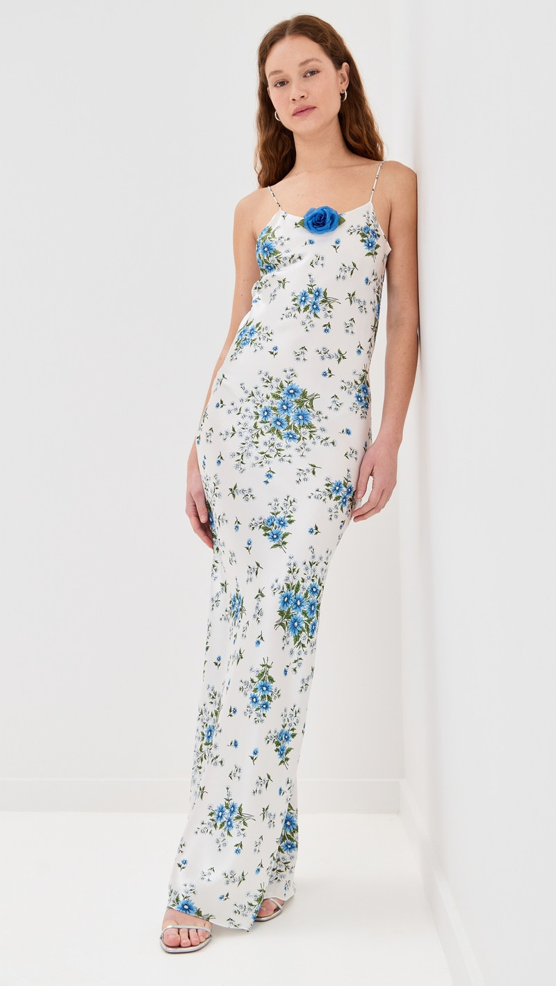 RODARTE Embellished floral-print silk-satin maxi dress Blue outlook