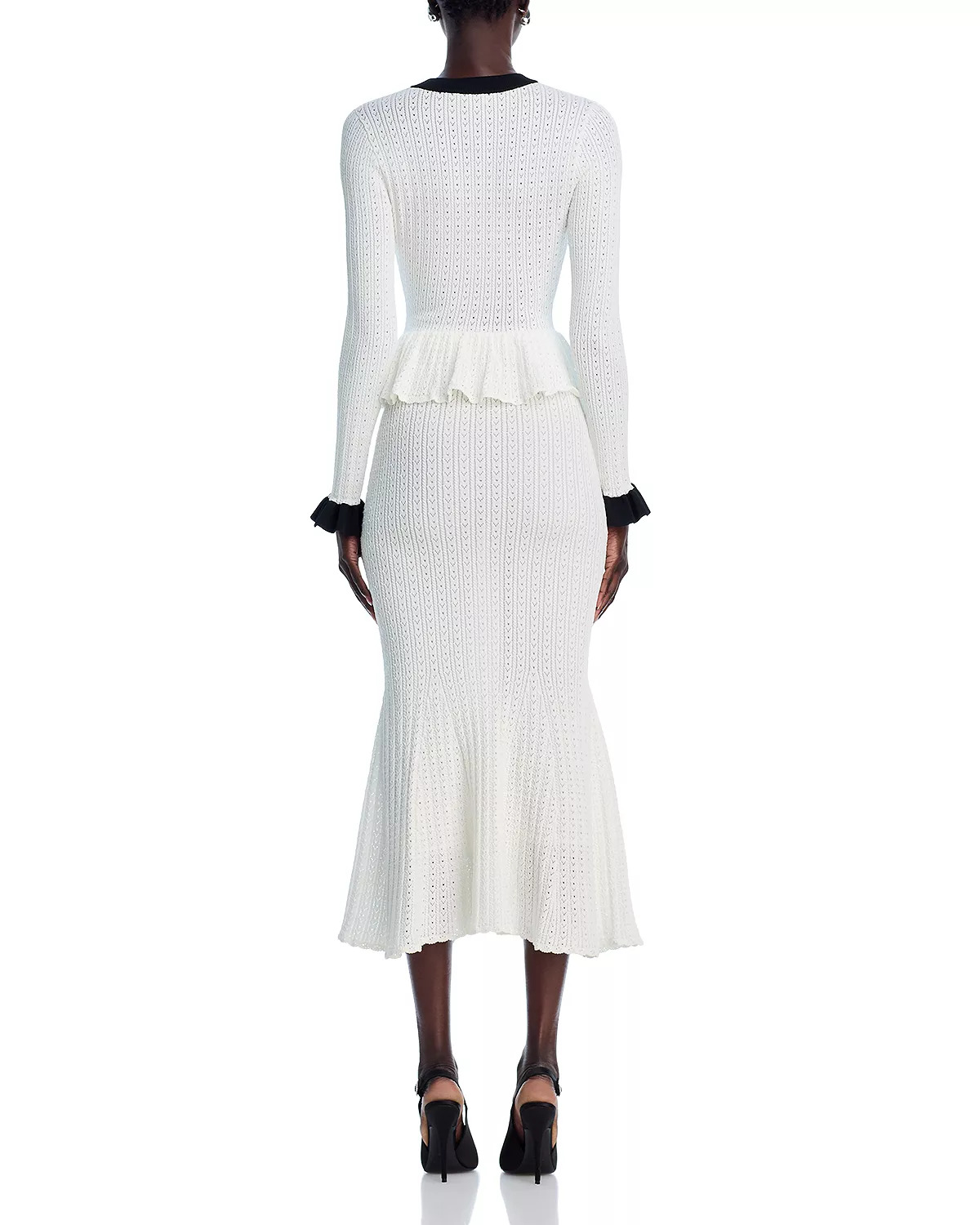 White Pointelle Knit Contrast Midi Dress - 4
