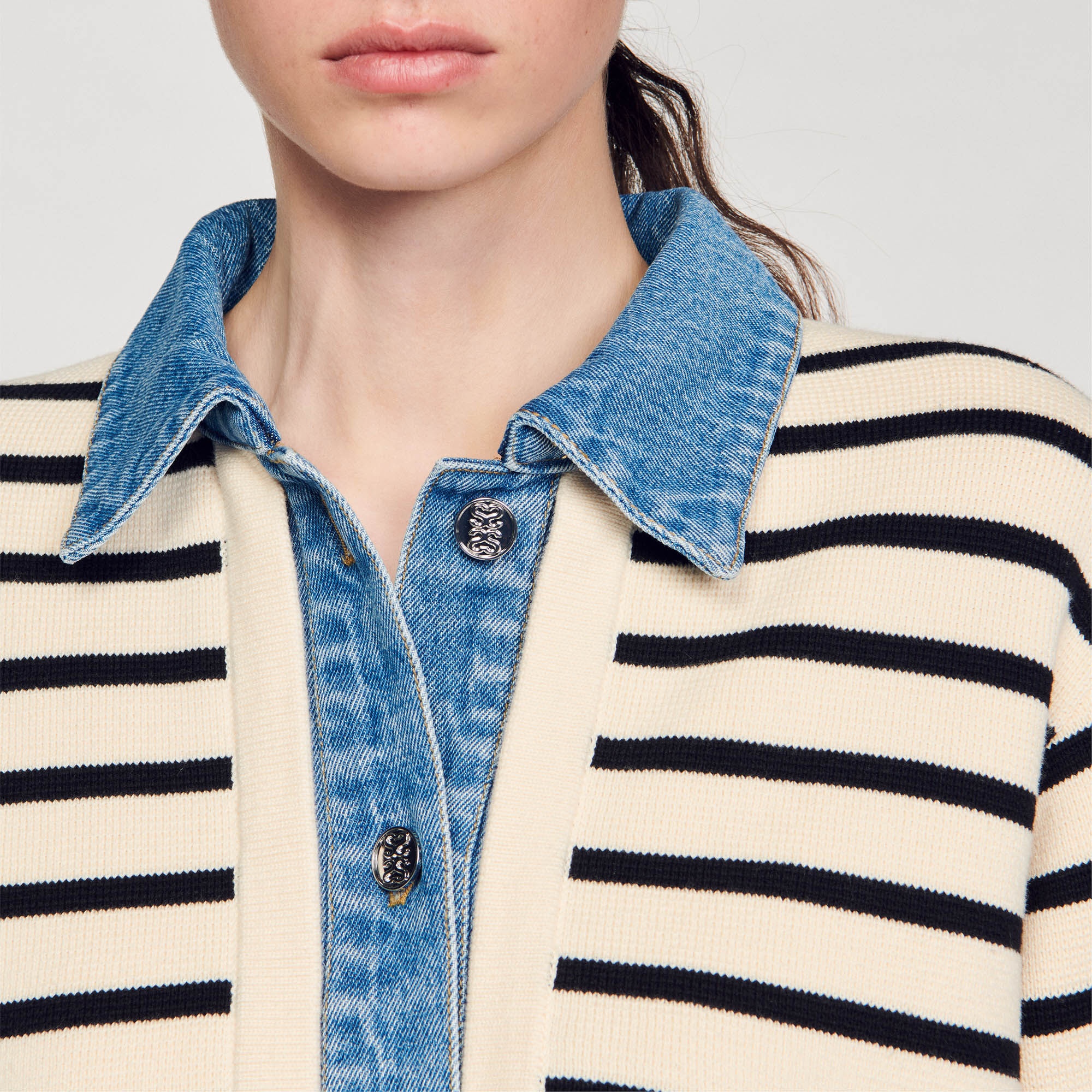 STRIPY KNIT AND DENIM COATIGAN - 4