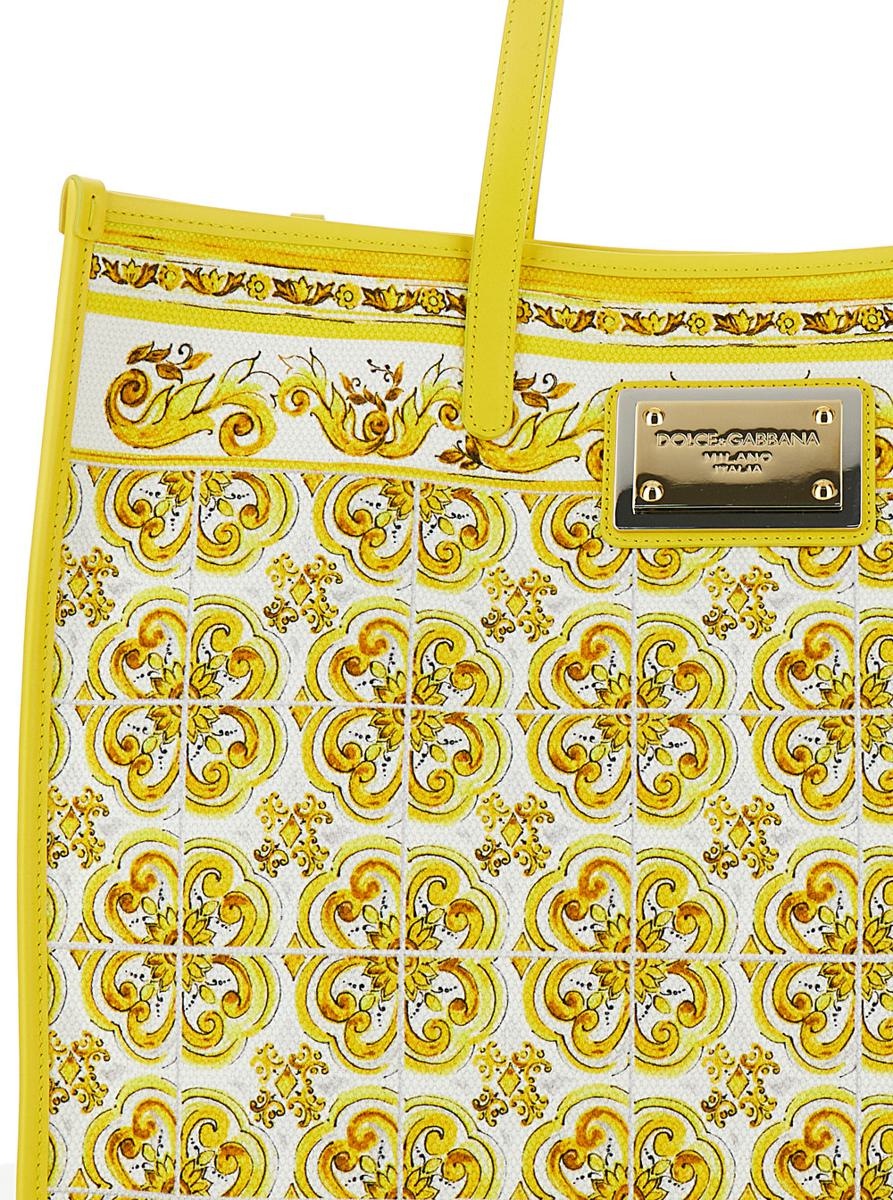 Dolce & Gabbana YELLOW AND WHITE TOTE BAG WITH MAJOLICA PRINT AND LOGO PLAQUE IN COTTON WOMAN - 3