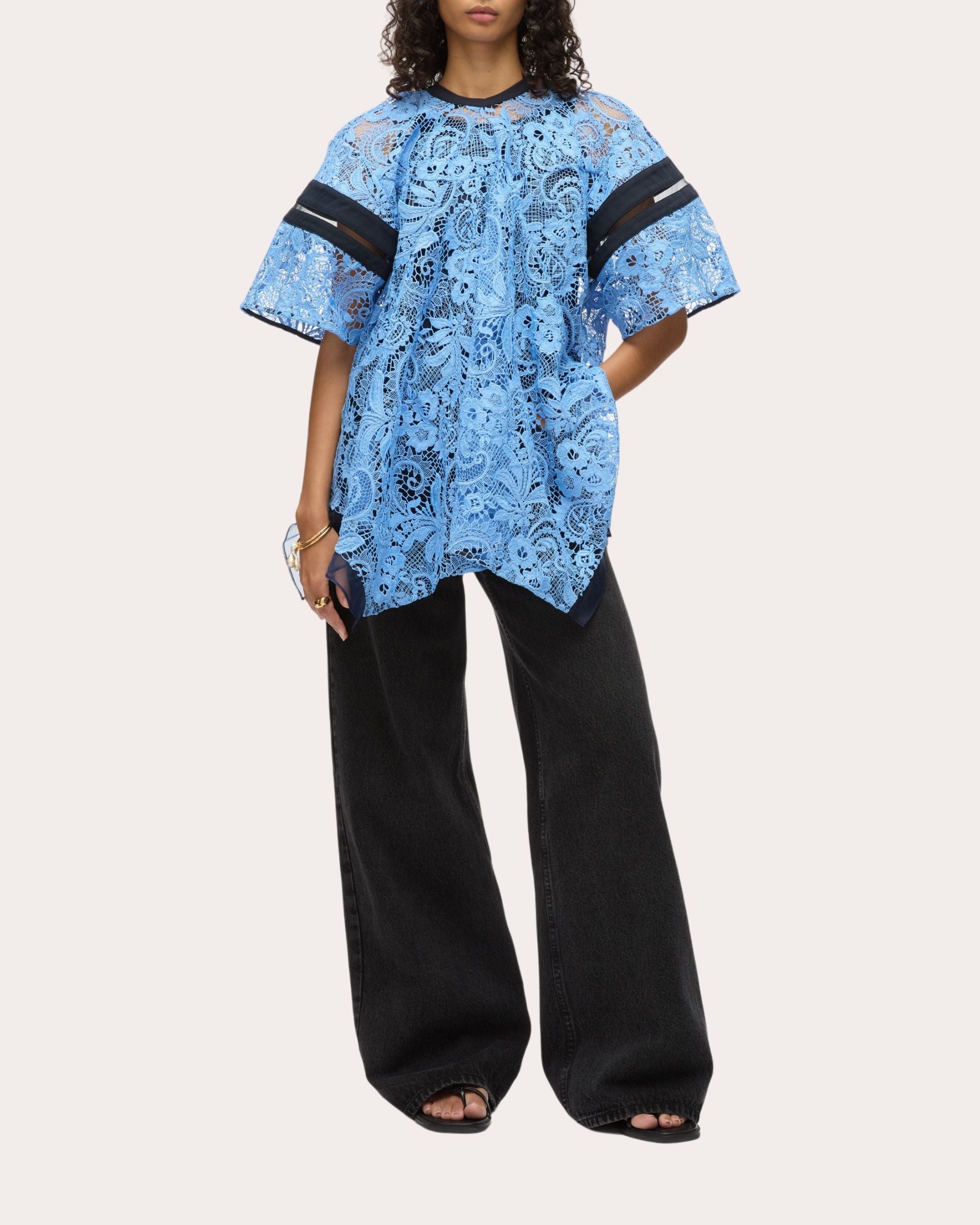 Sheer Lace Mesh-Panel Flounce Top - 4
