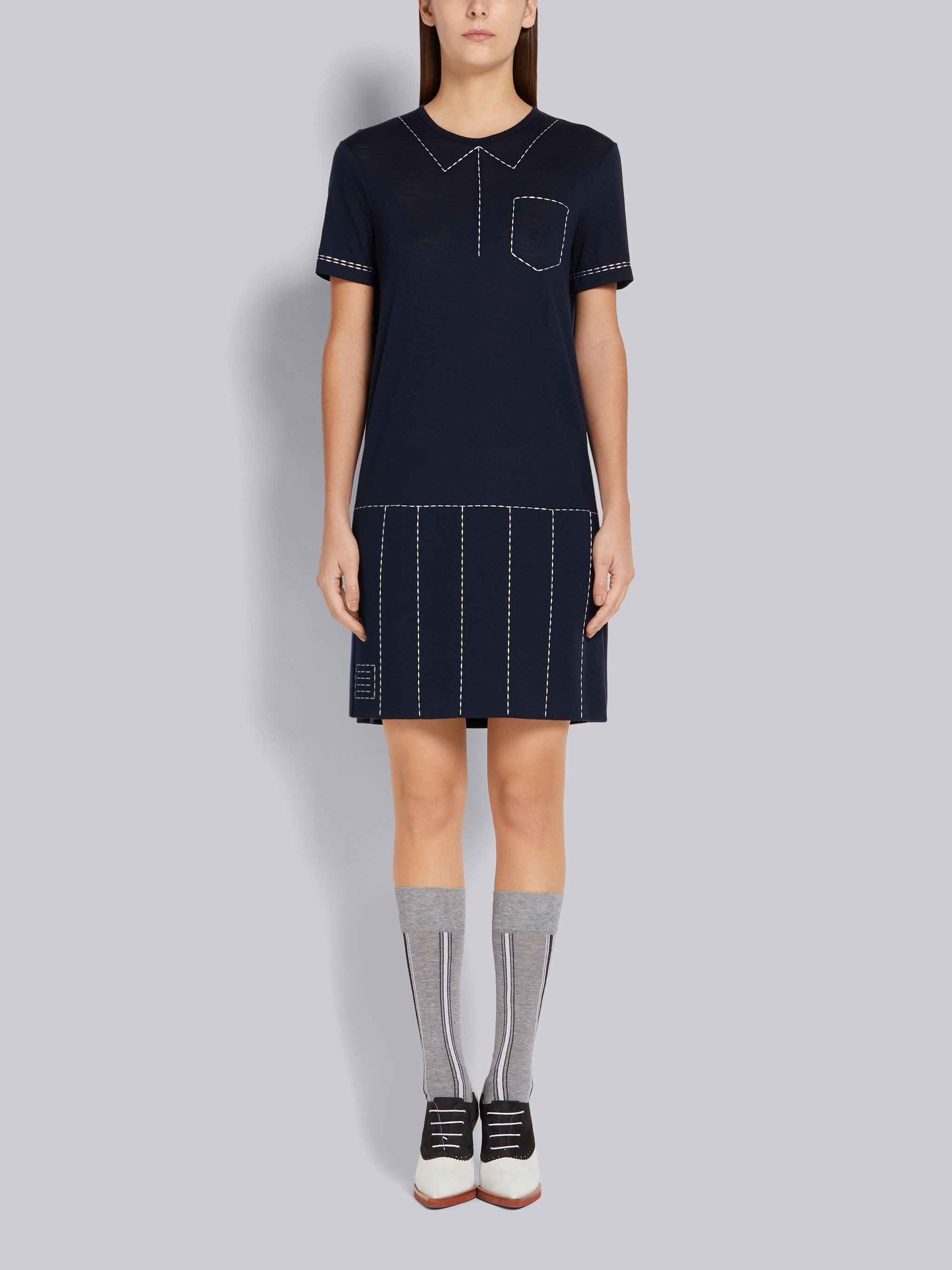 Navy Wool Jersey Trompe L'oeil Pleated Short-sleeved Polo Dress - 1