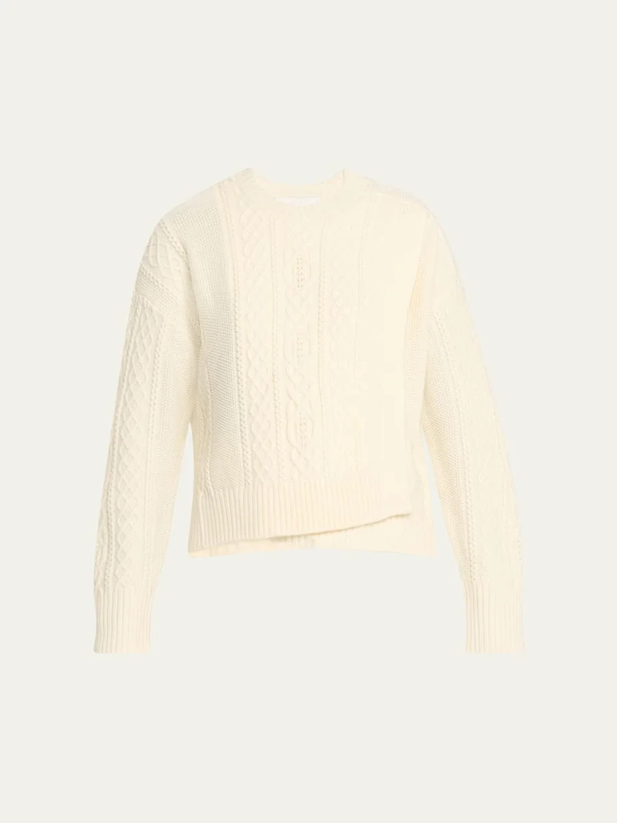 Cable Mix Double-Layer Wool Crewneck Sweater - 1