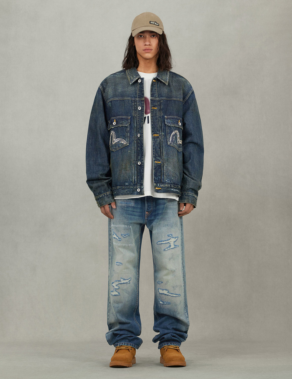 Washed Seagull Embroidery Relax Fit Denim Jacket - 5