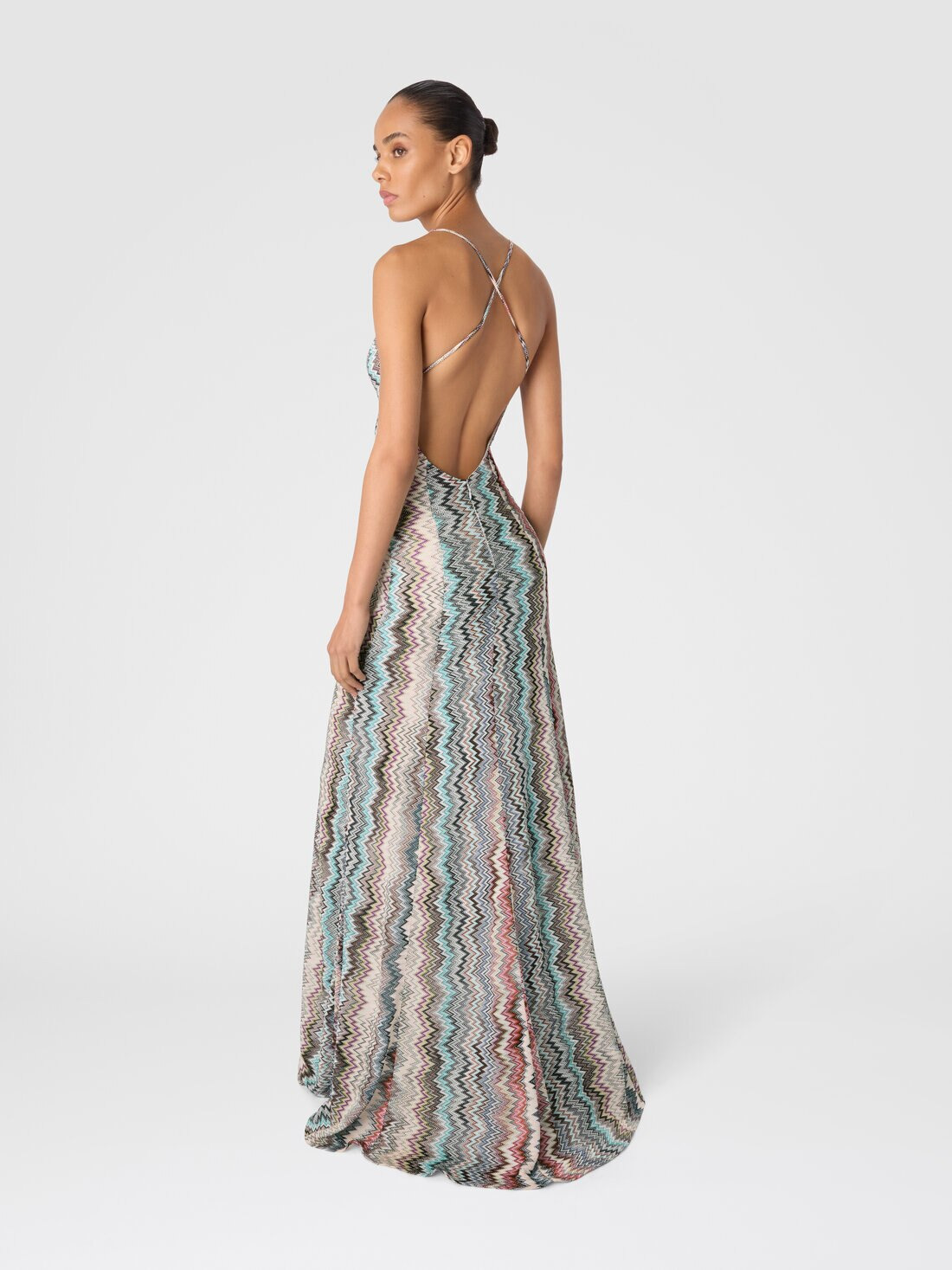 Long V-Neck Dress with Snake Pattern - 3
