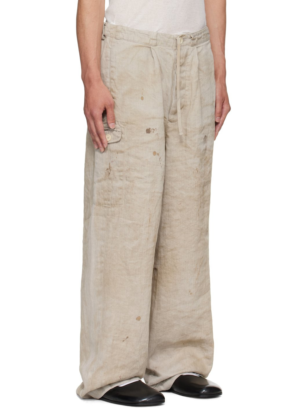 Beige Heavy Linen Herringbone Wide Easy Trousers - 2